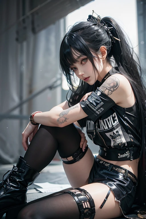 High resolution、masterpiece、Highest quality、punk、Golden black hair、hair ornaments、beautiful girl、creative、punkシャツ、Neogoth、Goth Fashion:1.2、Fine skin、Sharp focus、(Cinema Lighting)、ponytail、Shoulder Bare、whole body、Sitting wearing boots
