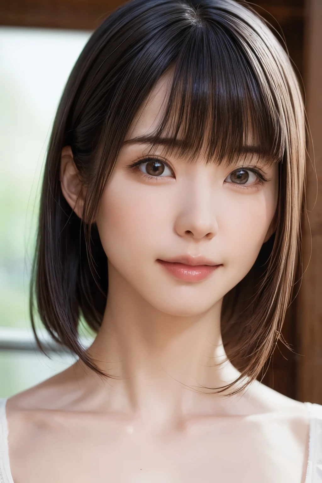 ((masterpiece, Highest quality, High resolution、Realisticですべてが美しく詳細に描かれている)), 1 person, (Realistic: 1.4), alone, White Background, snow-White Background, Mouth closed, smile, smile, Beautiful black hair, short hair, Big eyes, Transparent double eyelids, eyelash, Listen carefully, Long neck, 美しくLong neck, Absolute area, ((Face close-up)), (Draw the whole head, shoulder), 19 years old, Attractive proportions, Glowing Skin, Beautiful clavicle, Golden ratio face, Perfect Face, Teardrop-shaped mole, chestのほくろ, bangs, clean bangs, beautiful bangs, Lip gloss, Thin lips, Fair skin, naked, Big Breasts, {Huge|big|Hugeな|Mega} chest:2, chestの谷間:2,chestの谷間を見せる、Small face, Small face, All the heads are painted, shoulder all drawn, Point slightly above the camera