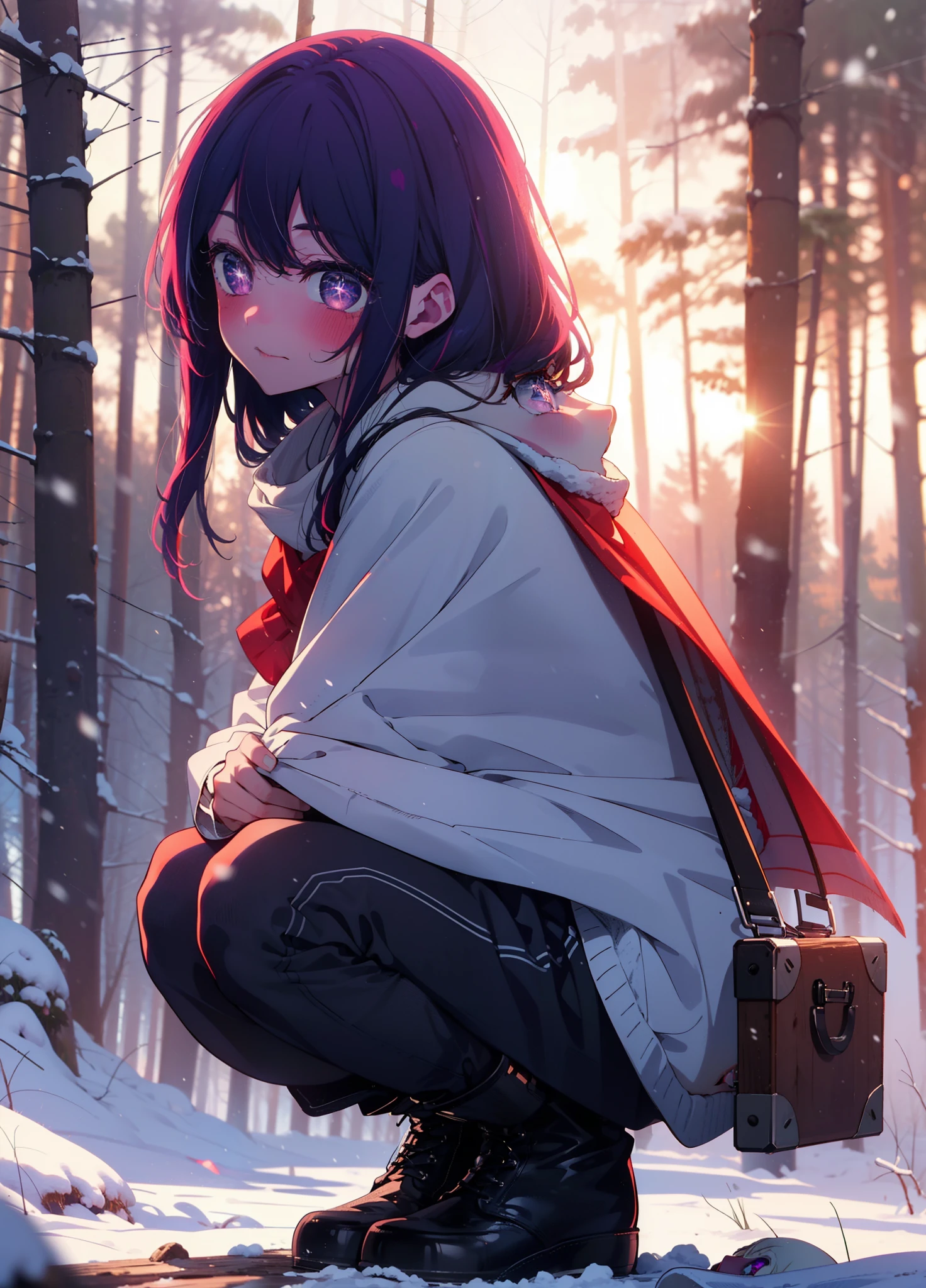 aihoshino, Ai Hoshino, Long Hair, bangs, (Purple eyes:1.1), Purple Hair, (Symbol-shaped pupil:1.5), smile,,smile,blush,white breath,
Open your mouth,snow,Ground bonfire, Outdoor, boots, snowing, From the side, wood, suitcase, Cape, Blurred, , forest, White handbag, nature,  Squat, Mouth closed, Cape, winter, Written boundary depth, Black shoes, red Cape break looking at viewer, Upper Body, whole body, break Outdoor, forest, nature, break (masterpiece:1.2), Highest quality, High resolution, unity 8k wallpaper, (shape:0.8), (Beautiful and beautiful eyes:1.6), Highly detailed face, Perfect lighting, Extremely detailed CG, (Perfect hands, Perfect Anatomy),