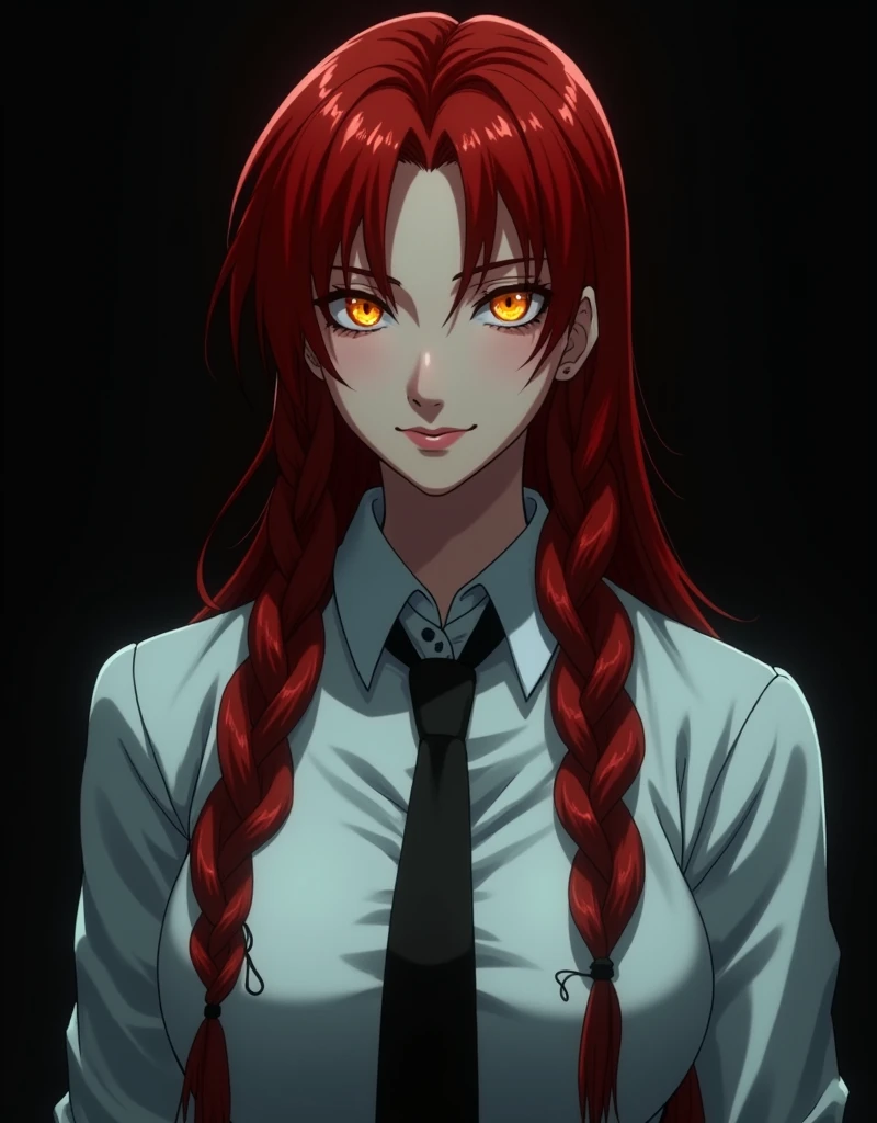 makima (chainsaw man), best quality, ultra detailed, 1girl, solo, standing, red hair, long braided hair, golden eyes, bangs, medium breasts, white shirt, necktie, stare, smile, (evil:1.2), looking at viewer, (interview:1.3), (dark background), from below, sharp contrast , gorgeous detailed eyes, focus , close up shot , glowing orange eyes,front view