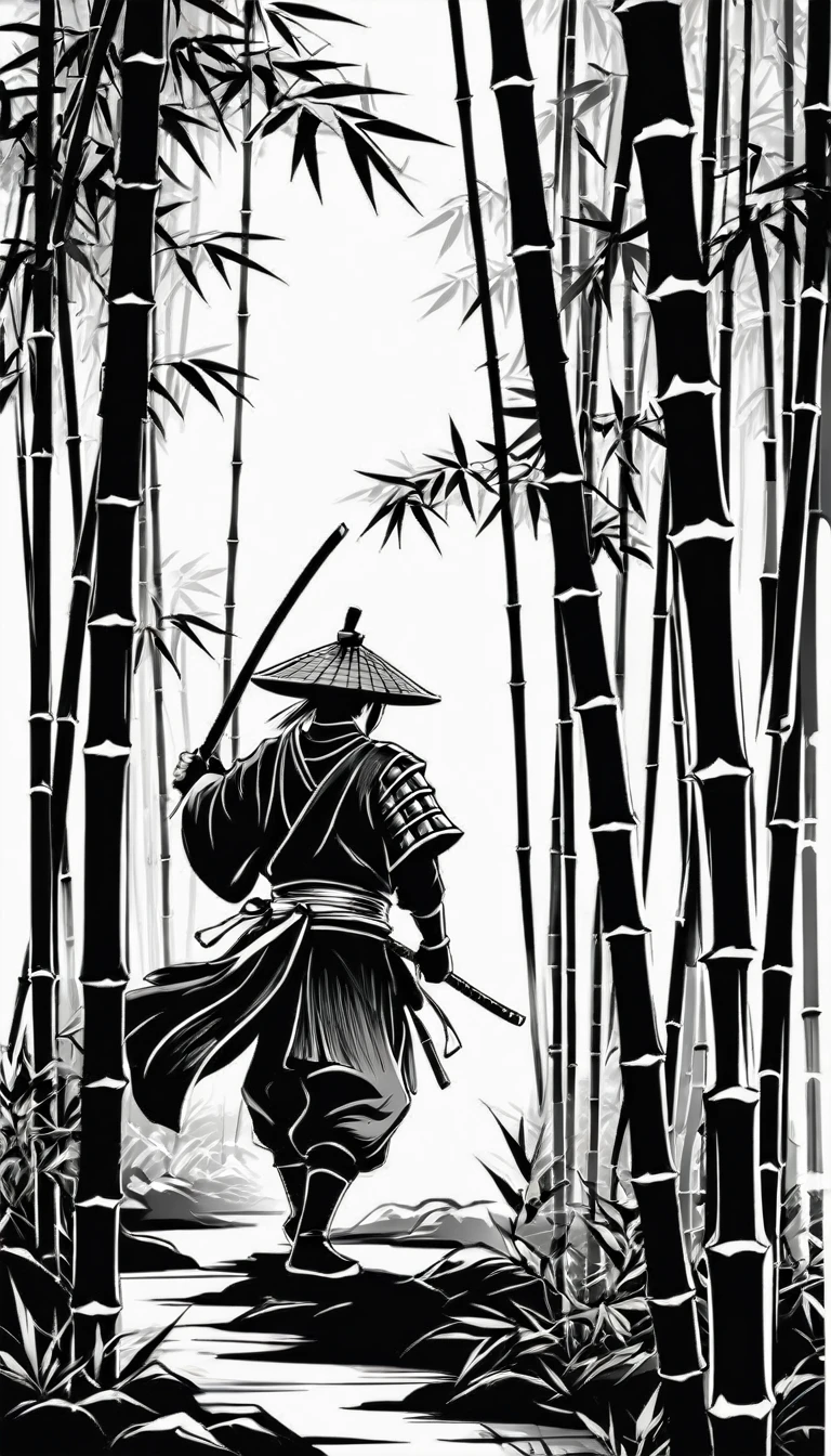 vector, ink art, bamboo forest, ancient samurai training with katatna, cuting bamboo tree, 