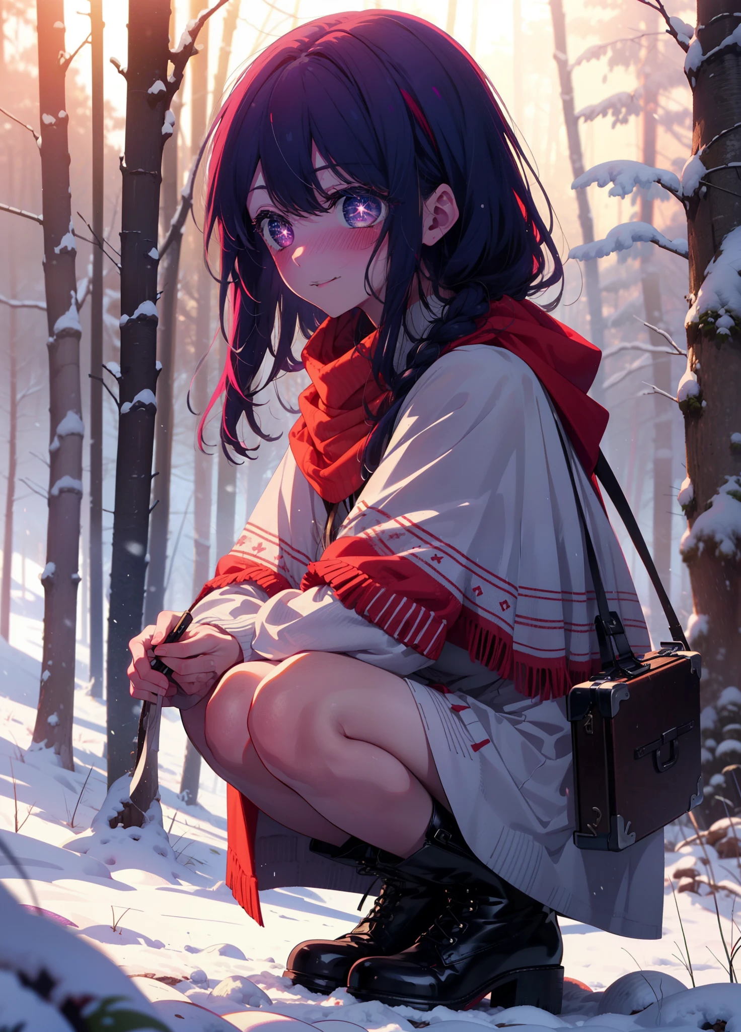 aihoshino, Ai Hoshino, Long Hair, bangs, (Purple eyes:1.1), Purple Hair, (Symbol-shaped pupil:1.5), smile,,smile,blush,white breath,
Open your mouth,snow,Ground bonfire, Outdoor, boots, snowing, From the side, wood, suitcase, Cape, Blurred, , forest, White handbag, nature, Squat, Mouth closed, Cape, winter, Written boundary depth, Black shoes, red Cape break looking at viewer, Upper Body, whole body, break Outdoor, forest, nature, break (masterpiece:1.2), Highest quality, High resolution, unity 8k wallpaper, (shape:0.8), (Beautiful and beautiful eyes:1.6), Highly detailed face, Perfect lighting, Extremely detailed CG, (Perfect hands, Perfect Anatomy),