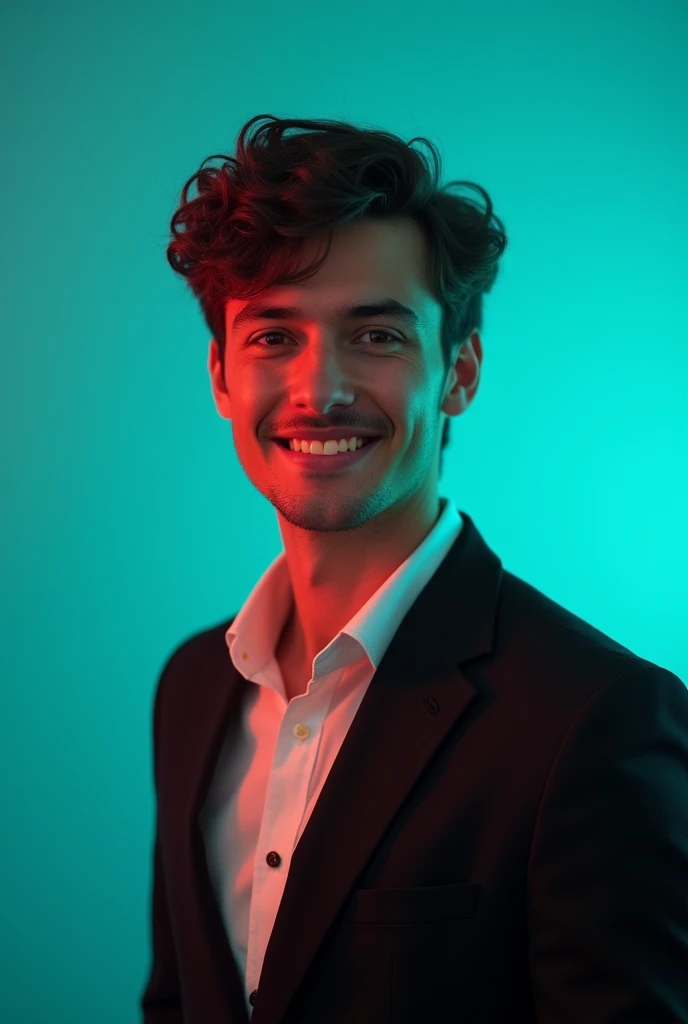 A young man with dark hair and a confident smile. He is dressed in a black blazer over a white shirt. The man is positioned against aqua colour backdrop with a subtle red lighting on the left side. and he posing for Linkedin profile