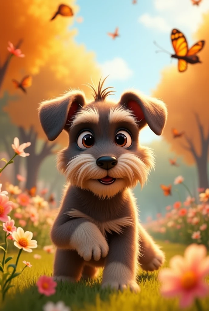 A fat Schnauzer dog, with light brown eyes, His fur is shiny brown and the tips of his hair are golden and the animation is from Pixar.