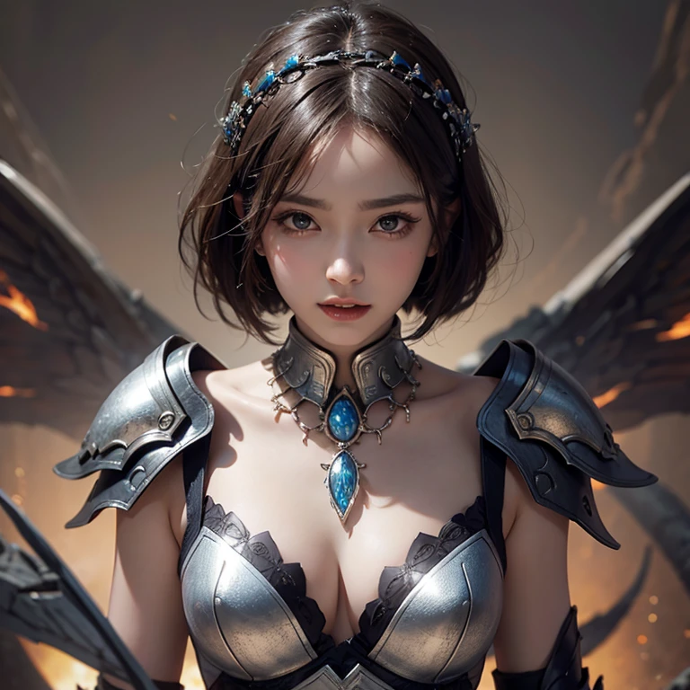 A woman wearing ancient battle armor、Serious expression、Short-haired、Deadly position, Gorgeous Necklace,   Beautiful and Enchanting Woman, Realistic and perfect body, Perfect body with realistic shadows, A woman with reptilian eyes and fangs：1.5、8k