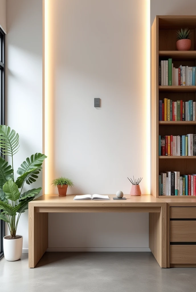 (A realistic 16.9) of an office desk with a matte white wall and LEDs. image with a bookshelf full of books and study accessories