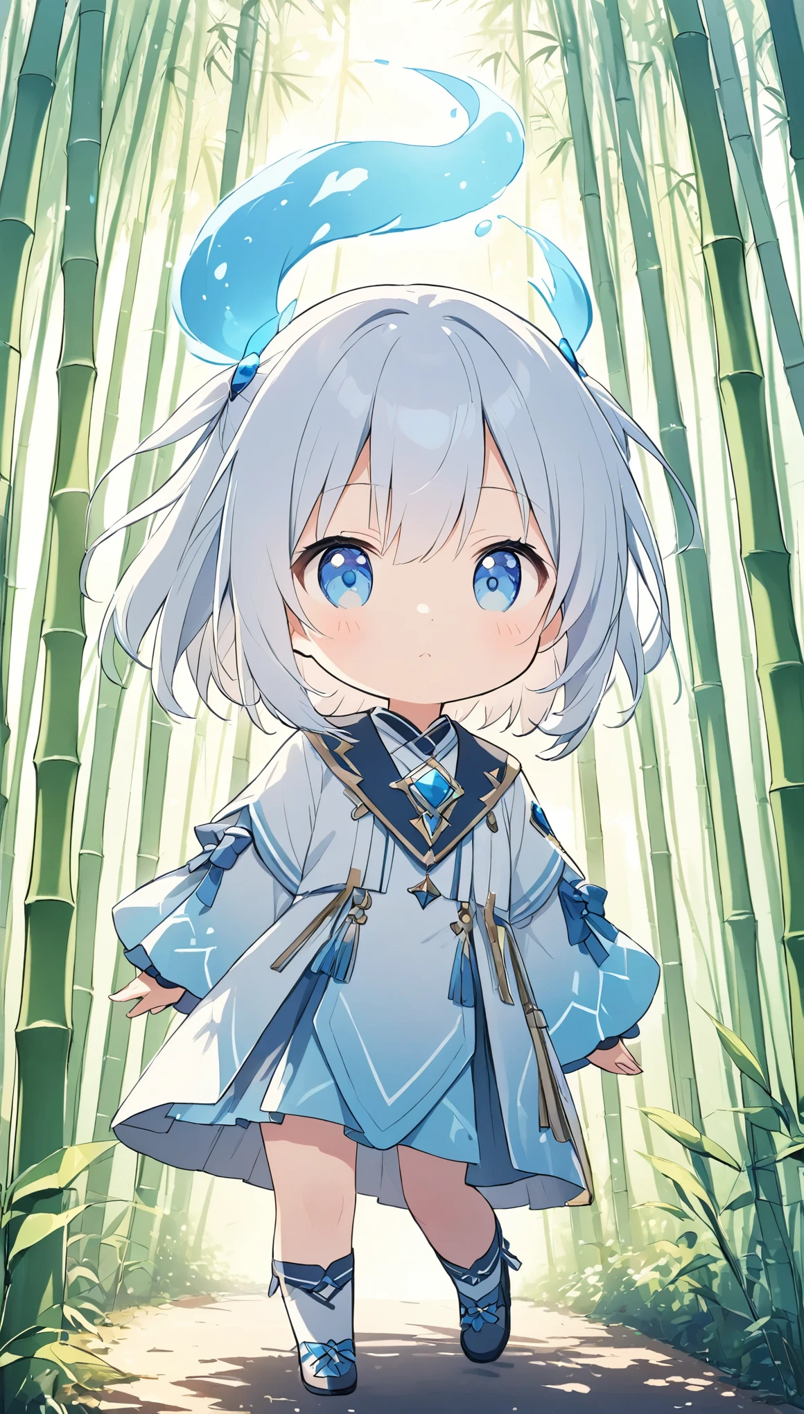 ((A cute spirit girl walking through a bamboo forest)),Sunlight filtering through the trees、Light production、Sparkling effects,Close-up,Mysterious work