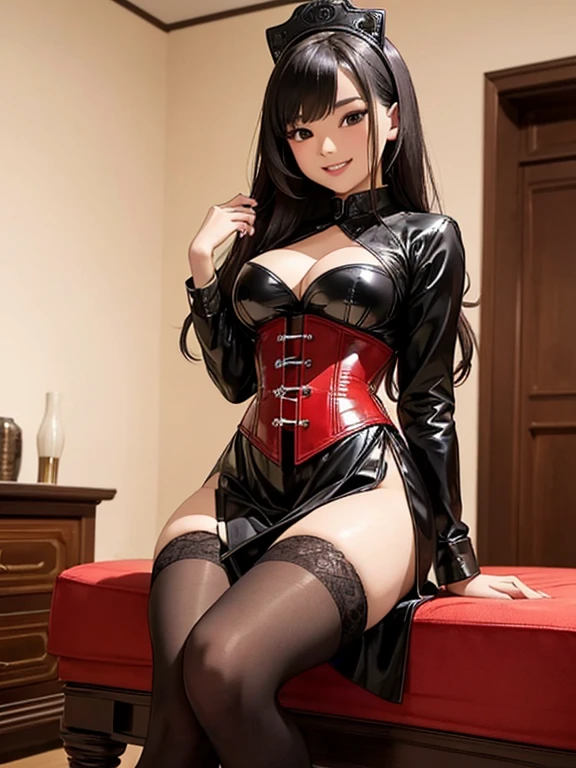 Young Asian maid woman, 23 years old. Busty. Double D cup, Black eyes wearing black leather maid dress, Black leather Stockings. Standing in her bedroom, full body pose, dressed in a beautiful red corset, Smile, High Detail, HD, Best quality, high quality, black stockings, Foot Focus, Naughty Face, looking at the audience, from below,