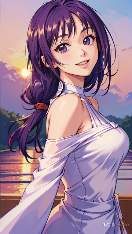 ((masterpiece, Highest quality, Highest quality, Official Art, beautifully、beautiful:1.2)),((masterpiece)),((Vibrant colors)),((Ayako Katagiri)),((幸せそうなsmile)),((smile)),((looks fun)),(one piece),(((Side bust))),(sunset)