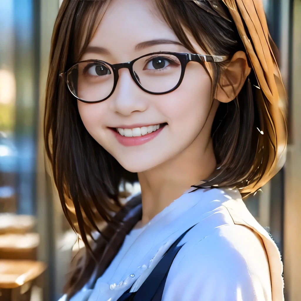 ((Highest quality)), ((masterpiece)), (detailed), 1 person,cute,,Perfect Anatomy,Perfectly symmetrical face,Perfectly symmetrical eyes,Small hands,Long limbs,Wearing glasses with no luck,Braided long,Inside the cafeteria,Laugh shyly,y maid outfit,Standing in a cute pose
