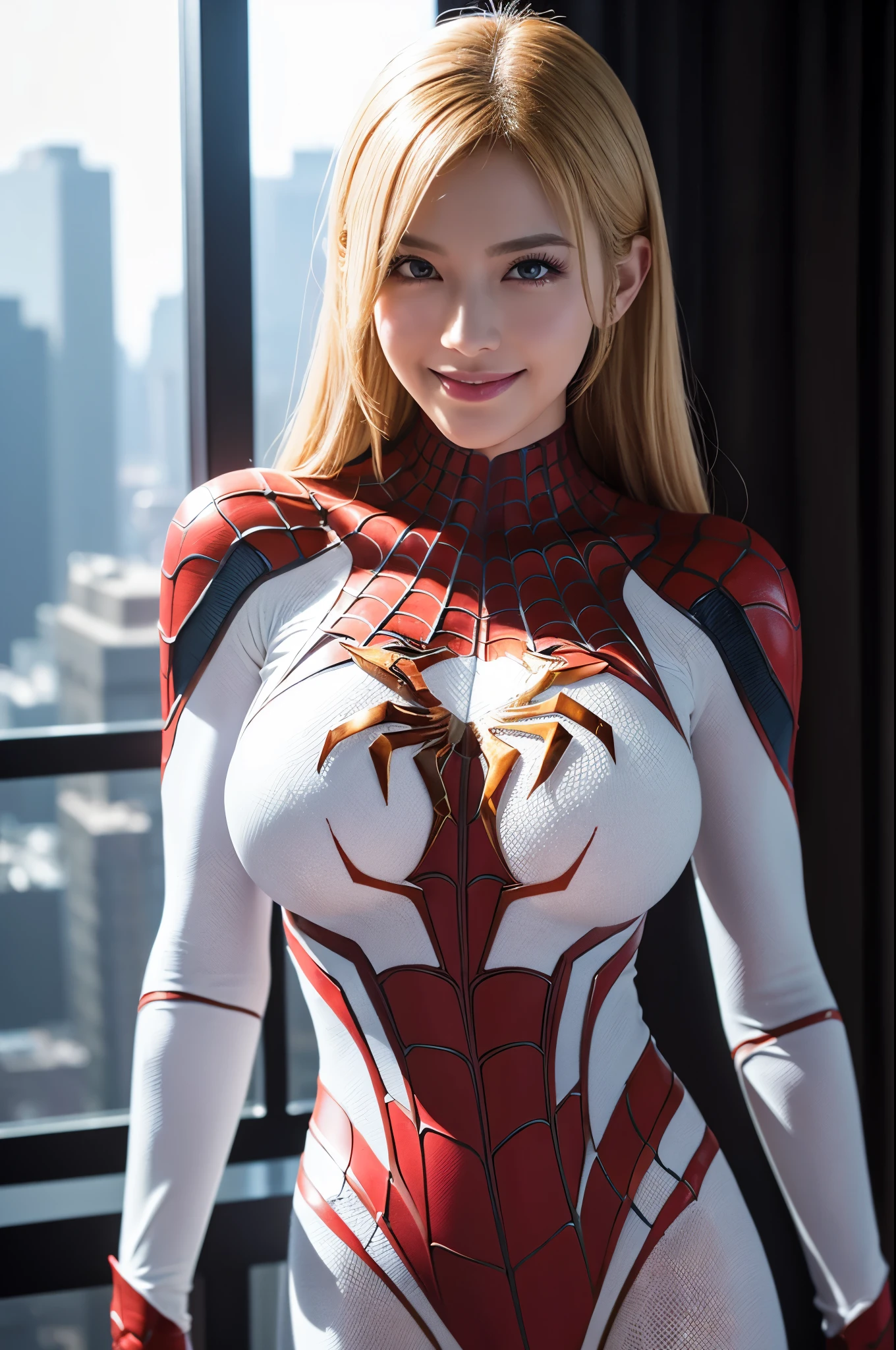 8k,dynamic spiderman pose,Super Beautiful American Woman,(extreme detail CG Unity,masterpiece、Highest quality)、(Exquisite lighting and shadows、Very dramatic image、cinematic lens effects)、Lady Spidermanのパラレルユニバース、Wenger、Marvel、Lady Spiderman、Rooftop、From dynamic poses、white spiderman costume、Woman wearing blonde hair、(Excellent detail、Excellent lighting、Wide angle)、(Excellent rendering、that stand out in the class)、 White Spider-Man costume、focus on complex spider textures,Ultra-high resolution、Film Grain、Best Shadow、delicate、to be born、Particles of light、Fine skin、Intricate details、 Fantasy,Perfect lighting、Looking at the audience、Cinema Lighting、wonderful,Muscular Beauty,Rich colors, Backlight, Cinema Lighting, Film Grain, 50mm lens, Nikon D850,Ultra-high resolution,Ultra-realistic,Compensate,Super sexy,Beautiful American Woman with Big Breasts,Big smile,
