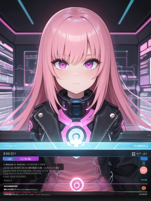 ((Highest quality)), ((masterpiece)), (detailed),
Hacker of the Future, (Navigating Cyberspace: 1.3), (Revealing Confidential Secrets: 1.2), (Fighting oppressive regimes: 1.2), Bright pink hair, Leather jacket decorated with neon circuits, Blue glowing cybernetic implants.