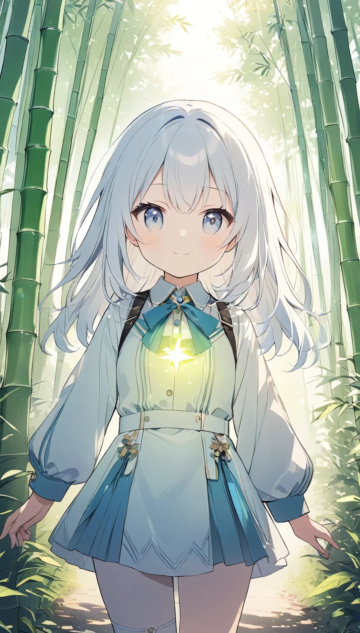 ((A cute spirit girl walking through a bamboo forest)),Sunlight filtering through the trees、Light production、Sparkling effects,Close-up,Mysterious work