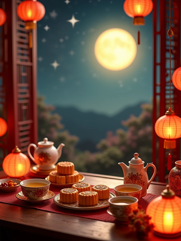 a high-definition image of a traditional Mid-Autumn Festival scene, featuring a beautifully decorated table with mooncakes, tea, and vibrant lanterns. Include a backdrop of a full moon and a serene night sky.