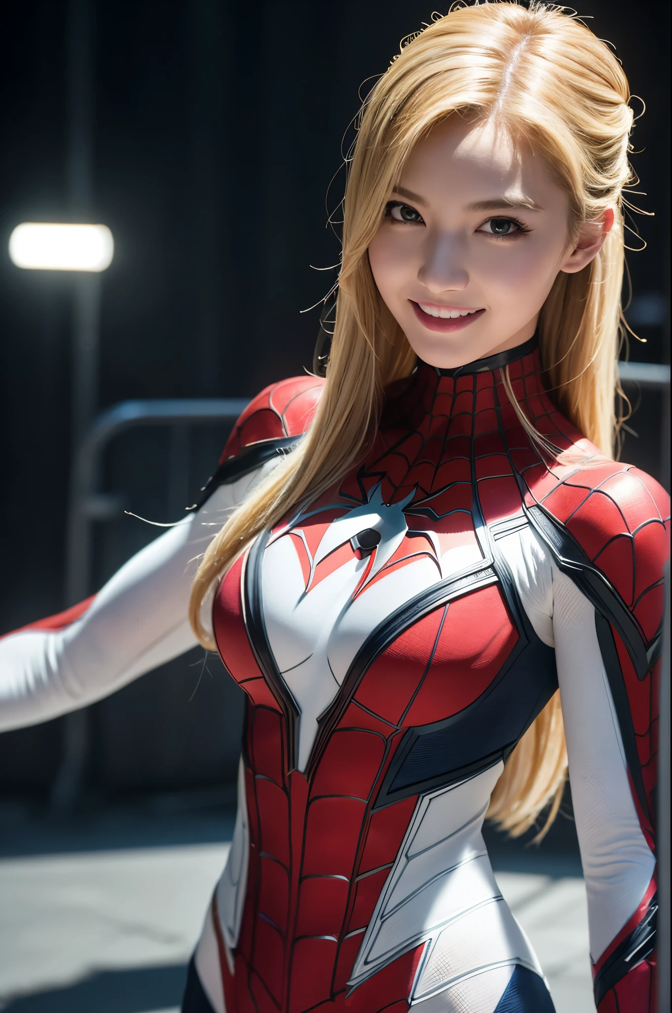 8k,dynamic spiderman pose,Super Beautiful American Woman,(extreme detail CG Unity,masterpiece、Highest quality)、(Exquisite lighting and shadows、Very dramatic image、cinematic lens effects)、Lady Spidermanのパラレルユニバース、Wenger、Marvel、Lady Spiderman、Rooftop、From dynamic poses、white spiderman costume、Woman wearing blonde hair、(Excellent detail、Excellent lighting、Wide angle)、(Excellent rendering、that stand out in the class)、 White Spider-Man costume、focus on complex spider textures,Ultra-high resolution、Film Grain、Best Shadow、delicate、to be born、Particles of light、Fine skin、Intricate details、 Fantasy,Perfect lighting、Looking at the audience、Cinema Lighting、wonderful,Muscular Beauty,Rich colors, Backlight, Cinema Lighting, Film Grain, 50mm lens, Nikon D850,Ultra-high resolution,Ultra-realistic,Compensate,Super sexy,Beautiful American Woman with Big Breasts,Big smile,