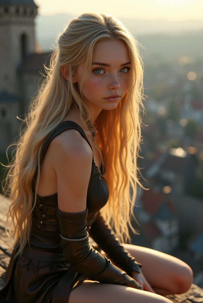 close up 1girl in, teenager, Solo, Aesthetic artwork, blond, straight blonde hair, super long blonde hair, light blue eyes, some small freckles, pale skin, medium breasts, cleavage, runners body, (thin hips, thin waist: 1.25), (arched back:1.12), detailed skin, neutral face, shy smile, (kneeling: 1.25), revealing clothes, wearing leather Warcraft armor, World of Warcraft for the alliance, Janea Proudmore, (dirty blond fox ear:1.35), (detailed Castle roof background:1.1), rooftop, overlooking medieval city, 24mm, 4k textures, soft cinematic light, RAW intricate, elegant, highly detailed, sharp focus, ((((cinematic look)))), soothing tones, insane details, intricate details, hyperdetailed, low contrast, soft cinematic light, dim colors, exposure blend, hdr, faded