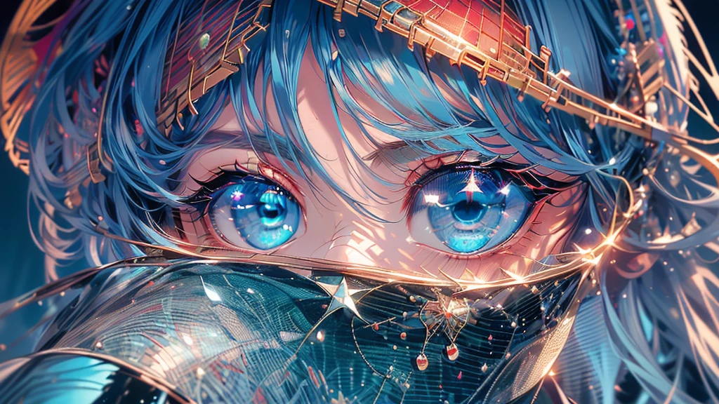 4K image quality, 1girl, sense of depth, absurdity, catch light, super beautiful illustration, starry sky, full moon, ((light blue, red mesh, long hairstyle: 1.3)), purple eyeshadow, (((4k, super Beautiful, in detail, green eyes))), bright red lipstick, gothic lolita,;D, beautiful and delicate hair, , expressive eyes, shining brightly eyes