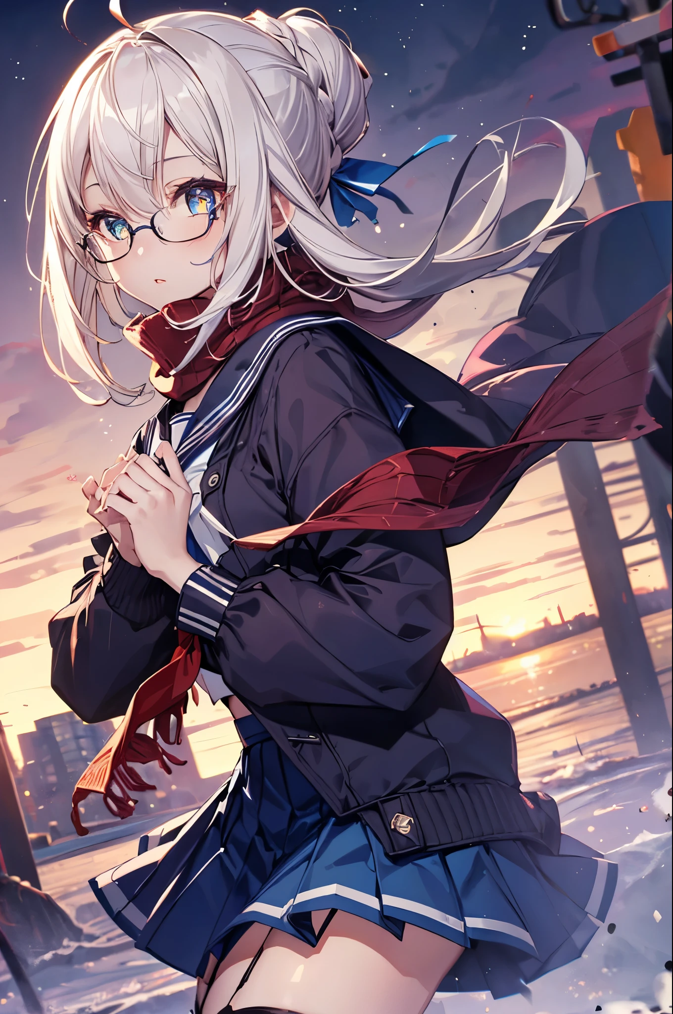 1girl,FirstAscension,white hair,glasses,(purple coat),(blue serafuku:1.3),(blue skirt,red scarf),masterpiece,Noise Reduction,perfect anatomy,high resolution, ultra-detailed, ultra-detailed face,game cg,dutch angle ,beautiful detailed eyes,visualart,five fingers, perfect hands, perfect lighting, sparkling pupils,