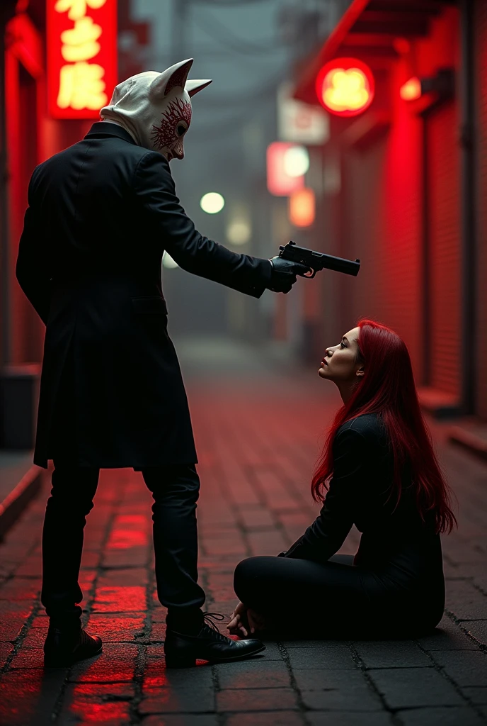 A man in an all-black suit, standing tall, facing a woman sitting on the ground, woman leaning back on her hands, facing the man. The man wears a white Kitsune mask with red patterns, hiding his face, his arm extended straight, pointing a gun at the woman. The woman has flowing red hair, she glares at the man with hatred. They are in a deserted alley, dim lighting from red and orange neon signs. View from behind the woman. The scene is tense, shadows deep, adding to the suspense