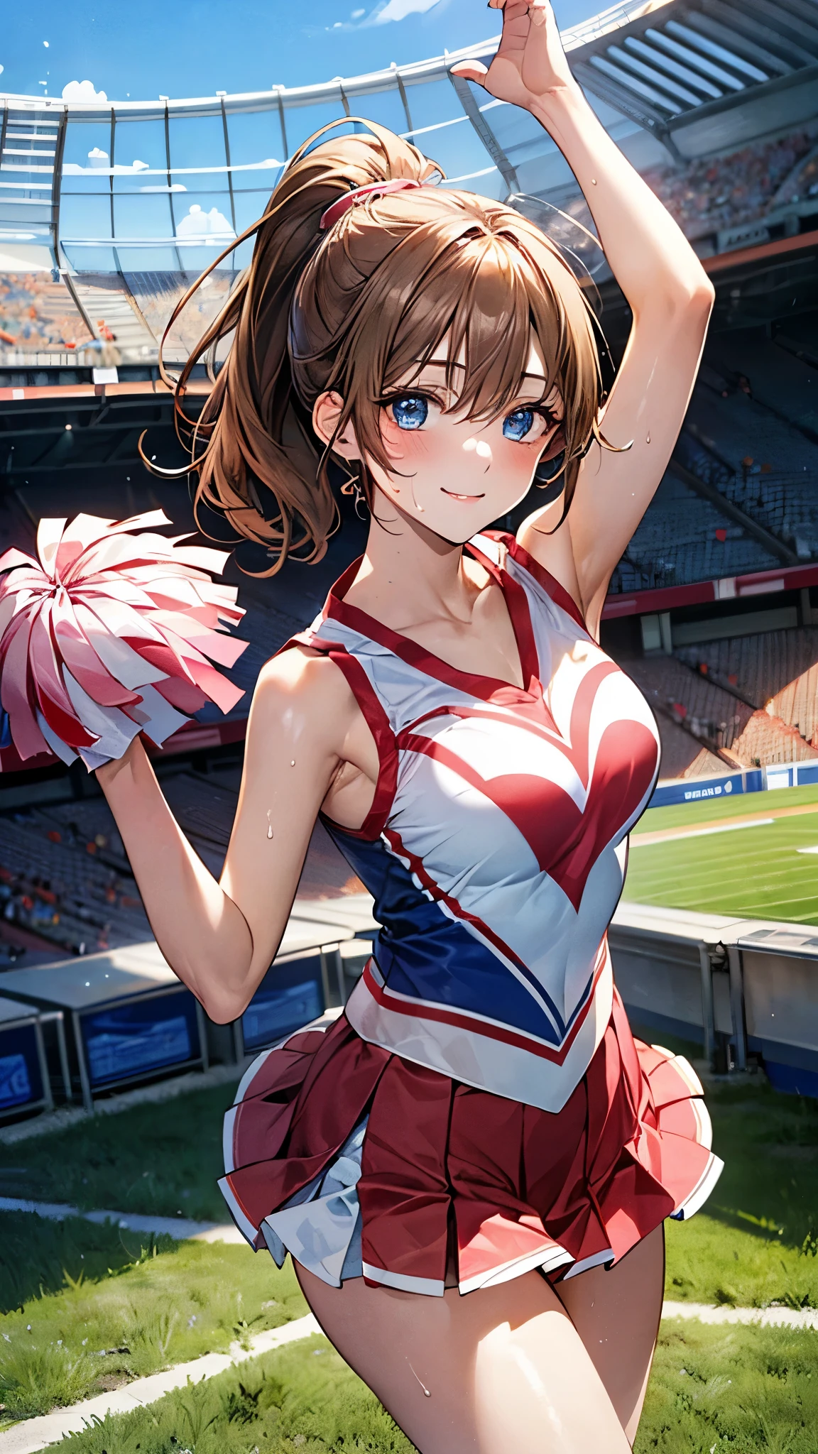 ((Highest quality)), ((High resolution)), ((masterpiece)), (detailed), (photograph), 
View Audience, Cowboy Shot, Written boundary depth, Anatomically correct, Mature Woman, Perfect Face, Cute and symmetrical face, Glowing Skin, 
(ponytail, Light brown hair), Hair between the eyes, blue eyes, Long eyelashes, (Big Breasts:0.9), 
Beautiful Hair, Beautiful Face, Beautiful details, Beautiful clavicle, Beautiful body, Beautiful breasts, Beautiful armpits, Beautiful thighs, Beautiful feet,
(Shiny pink cheerleader uniform), ((Making a heart with hands)), Sweat, 
(Beautiful views), evening, court, Stadium, Grass, (Cute Smile), 