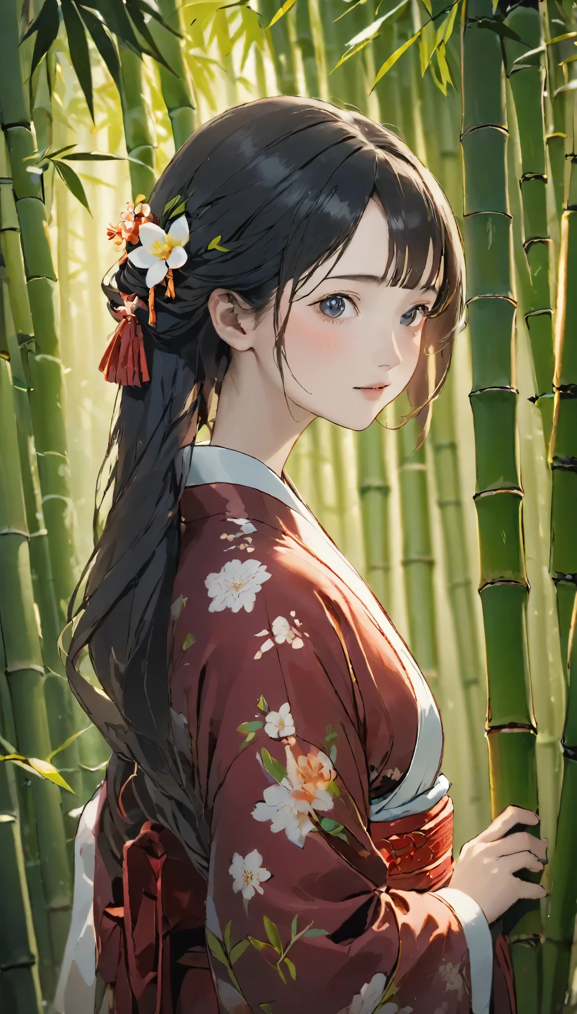 Highest quality, Tabletop, High resolution, (((One Woman)))、Grey Eyes、Dark red kimono、((Dark red floral kimono)), (((bamboo林を歩く、Princess Kaguya)))、Tyndall effect, Realistic, Shadow Studio, red lighting, Dual Tone Lighting, (High resolutionスキン: 1.2) Digital SLR, photograph, High resolution, 4K, 8k,bamboo林、bamboo、green、 Background Blur,Beautiful fade out、