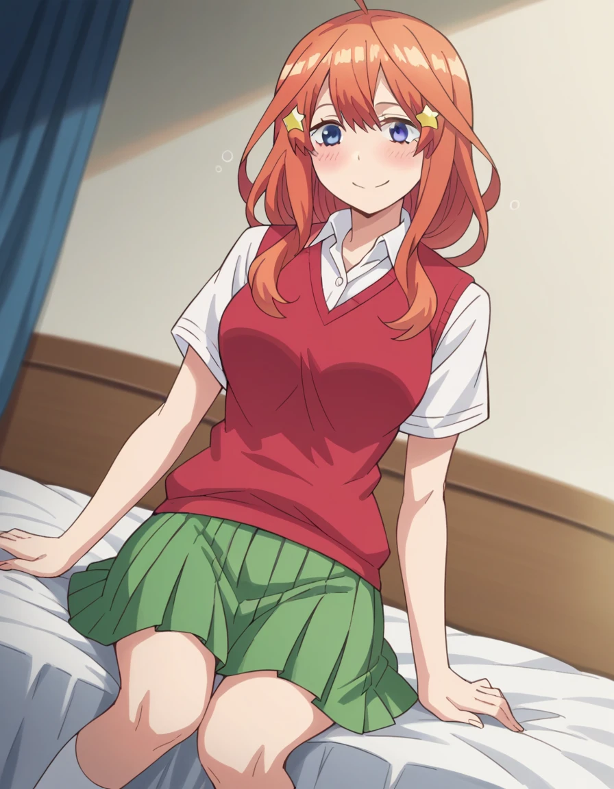 score_9, score_8_superior, score_7_superior, sauce_anime,
itsukinakano, Itsuki Nakano, bangs, blue eyes, Hair between the eyes, Ahoge, Redhead, star \(symbol\), hair ornaments, star hair ornaments, Mature Woman,
skirt, shirt, school uniform, clavicle, white shirt, Short sleeve, pleated skirt, socks, collared shirt, miniskirt, Knee-high, white socks, green skirt, Sweater vest, red Sweater vest,
indoor, bed, bed room, ~ side, blush, Drunk,
View your viewers, Cowboy Shot, Dutch Angle, alone,smile