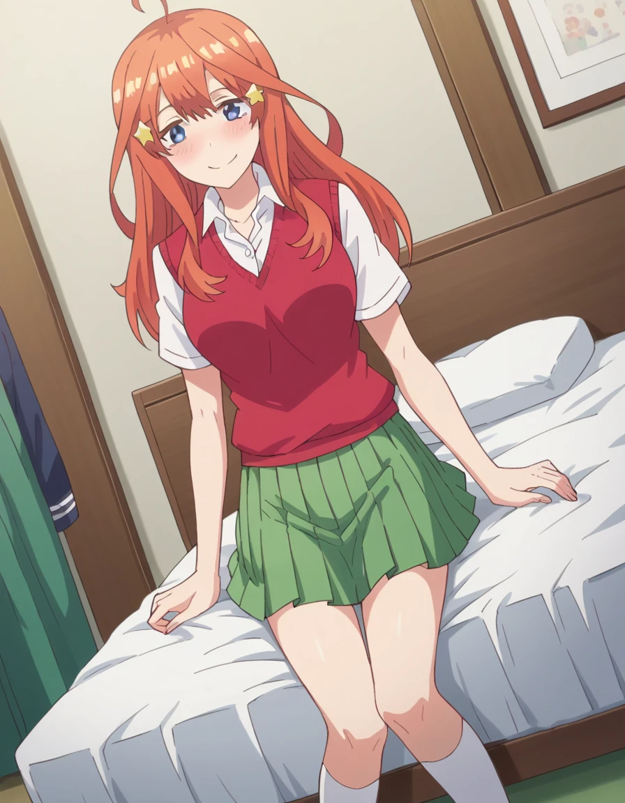 score_9, score_8_superior, score_7_superior, sauce_anime,
itsukinakano, Itsuki Nakano, bangs, blue eyes, Hair between the eyes, Ahoge, Redhead, star \(symbol\), hair ornaments, star hair ornaments, Mature Woman,
skirt, shirt, , clavicle, white shirt, Short sleeve, pleated skirt, socks, collared shirt, miniskirt, Knee-high, white socks, green skirt, Sweater vest, red Sweater vest,
indoor, bed, bed room, ~ side, blush, Drunk,
View your viewers,Tied up with rope,Lying gagged,