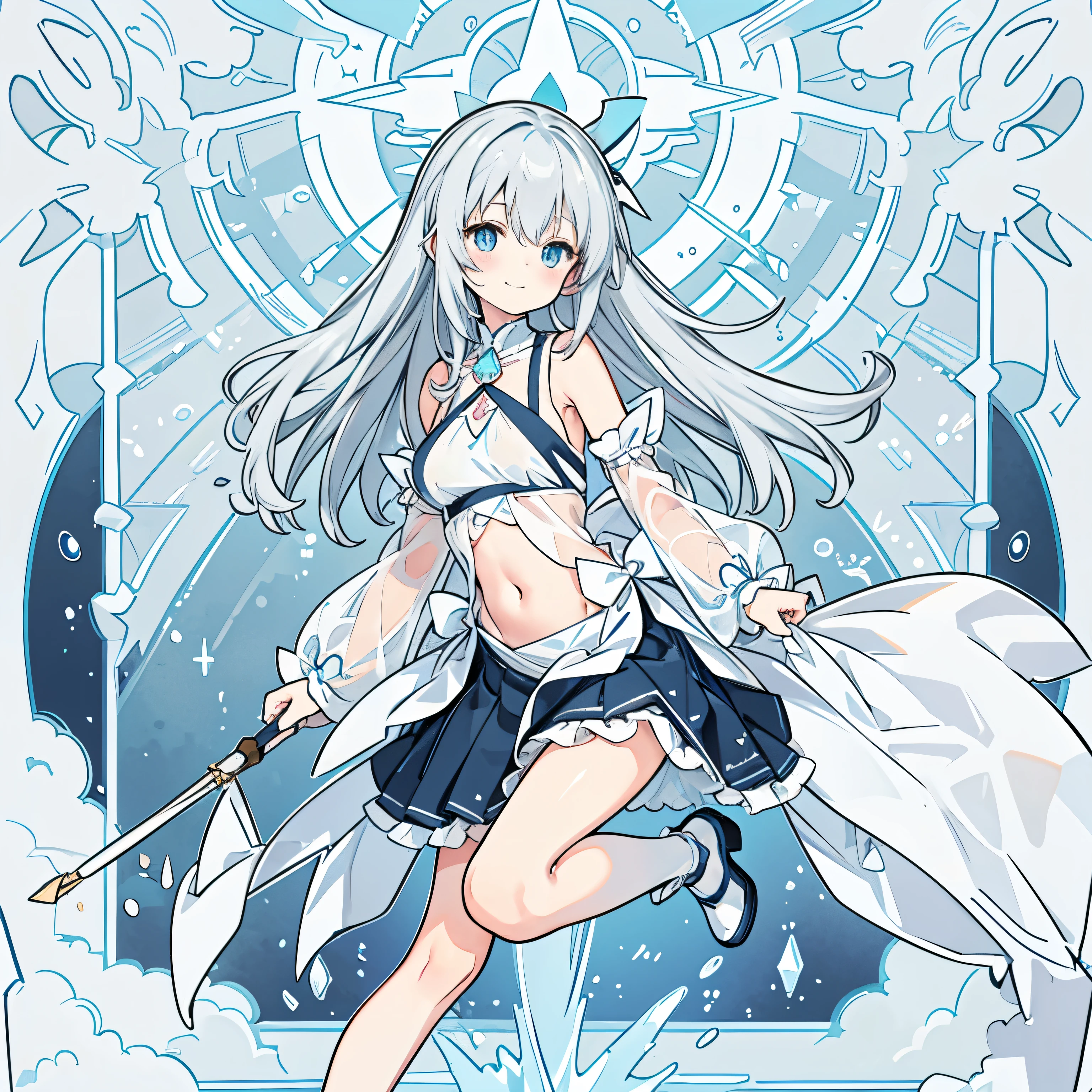 One person　小さいBody長　低Body長　Baby Face　cute　Light gray hair　Long Hair　Blue colored eyes　Magical girl　witch　Body　全Body　shoes　Big Tits　Big Breasts　Sheer clothing　Embarrassed　A little smile　　Clothes with an inverted triangle hole in the stomach　　　Sheer skirt　Transparent hair