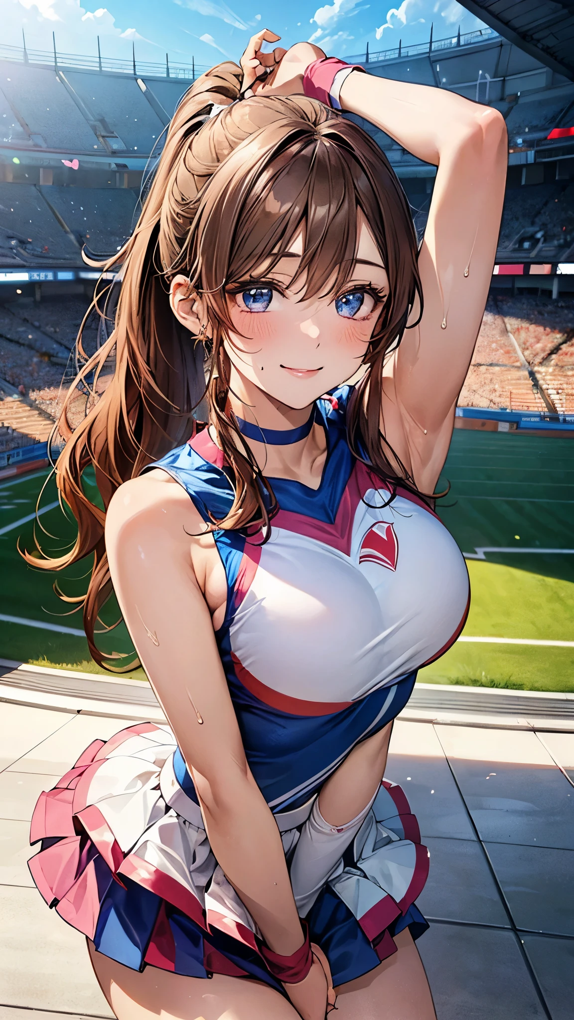 one woman,high school girl,big breasts,Belly exposure,highest quality,Super high quality,Cute face,cheerleader,Cheerleader,underboob,Too much exposure of the chest,sweat all over,