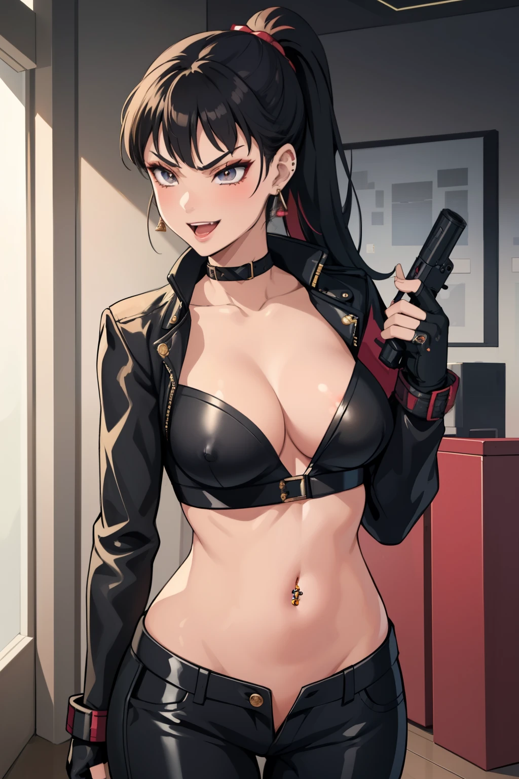 1girl, solo,
takamiya, ponytail, grey eyes,
 fingerless gloves, mall, shopping center,indoors, blush, lipstick, jewelry, earrings, Hot girl, baddie, mean girl, sensual, attractive, masterpiece, best quality, highly detailed, a girls with a gun, evil smile , open mouth, sexy gaze, badass
pose , evil smile, smile, (nsfw) not safe for work, guns blazing, anime girl with long hair, beautiful long
haired girl, navel, evil expression, exposed belly, exposed navel, exposed midriff, exposed lower belly,
long black pants, crop top, cleavage, unbuttoned leather pants ,open fly, low rise black leather pants,
leather jacket, holding a gun, holding pistol, navel piercing