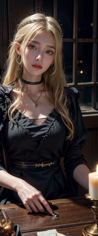 ((masterpiece, Highest quality, Best image quality, High resolution, Realistic, RAW Photos, 8k)), Tarot Cards, Tolkien, middle earth, (masterpiece:1.2), (Highest quality,:1.2), 8k, Very detailed, Surreal, Cinema Lighting, Ambient Lighting, Bridget, As a fortune teller, length, disheveled blonde hair, earring, choker, necklace, jewelry, ring, Dark lipstick, Heavy makeup, Circlet, Sit in the back! table, One! tableの上の占いの球, One! tableの上の頭蓋骨, Candles, in a small, dark medieval room, View your audience,