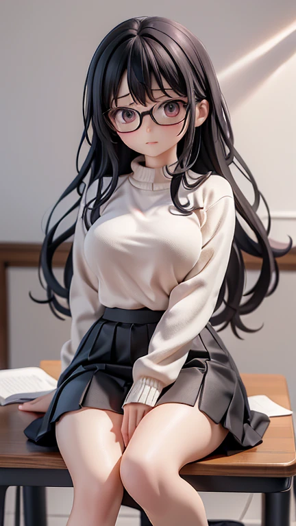 30-year-old woman、female teacher、Glasses、Black Hair,、Perm、Long Hair、Casual wear、Formal look、sweater、Dress shirt、Clothing patterns、Clothing Design、Tight skirt、whole body、Sitting on the floor
