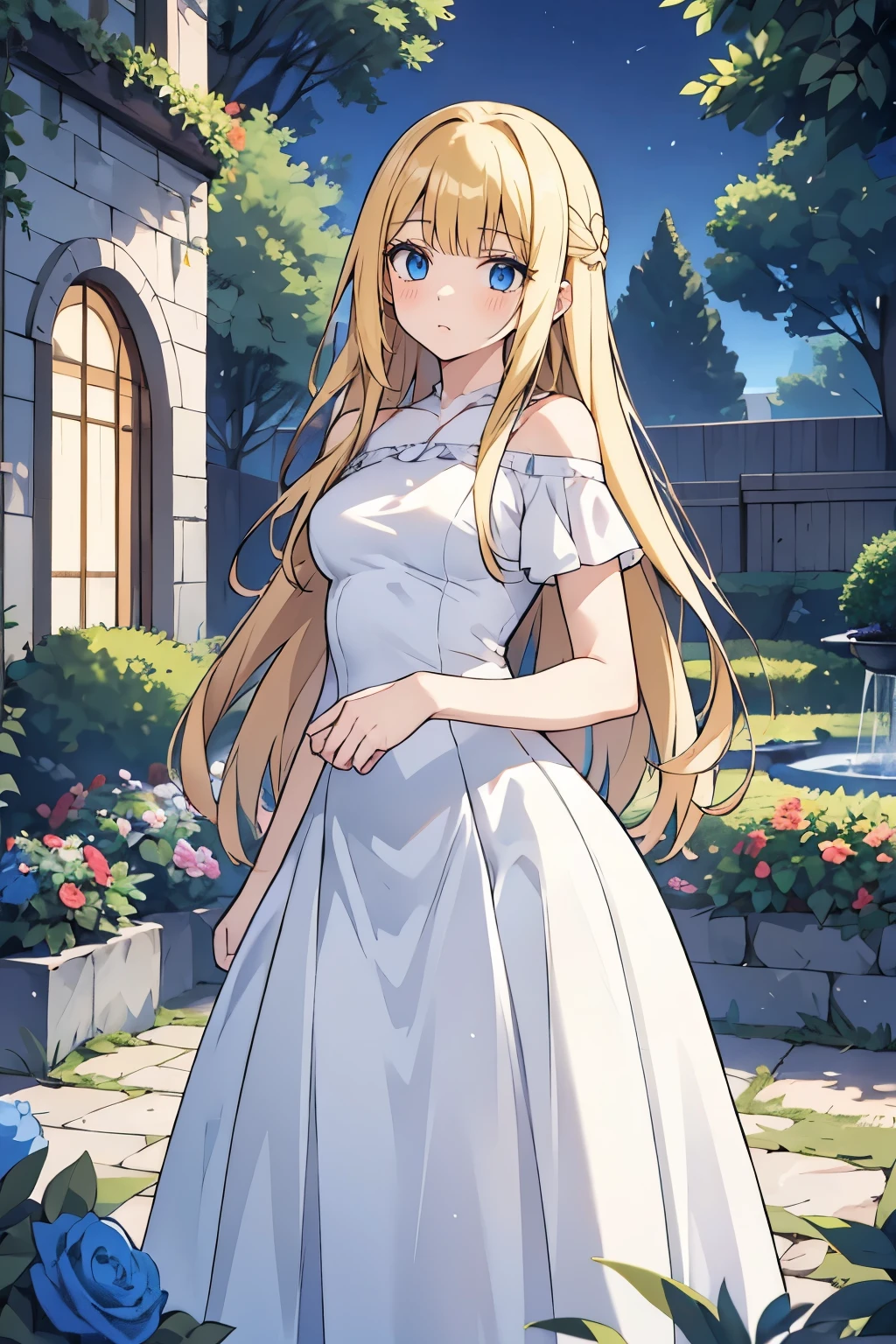 fairy_tail_style, solo, 1 girl, cowboy shot, (young female body:1.4), (medium small breasts), long disheveled hair, golden yellow wavy hair, extra long hair, blunt bangs, crystal blue eyes, very detailed blue eyes, mansion garden, standing on a cobble pathway, a moonlit garden with a fountain, rose bushes, night time, tight elegant white dress, maxi length white dress, short sleeves,  form fitting tight white dress, chic evening dress, party dress, cowboy shot, flower in hair, off shoulder short sleeves, off shoulder, exposed collar bones