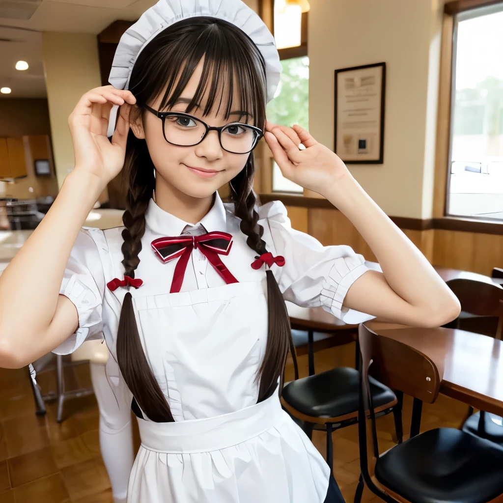 ((Highest quality)), ((masterpiece)), (detailed), 1 person,cute,,Perfect Anatomy,Perfectly symmetrical face,Perfectly symmetrical eyes,Small hands,Long limbs,Wearing glasses with no luck,Braided long,Inside the cafeteria,Laugh shyly,Sexy maid outfit,Standing in a cute pose