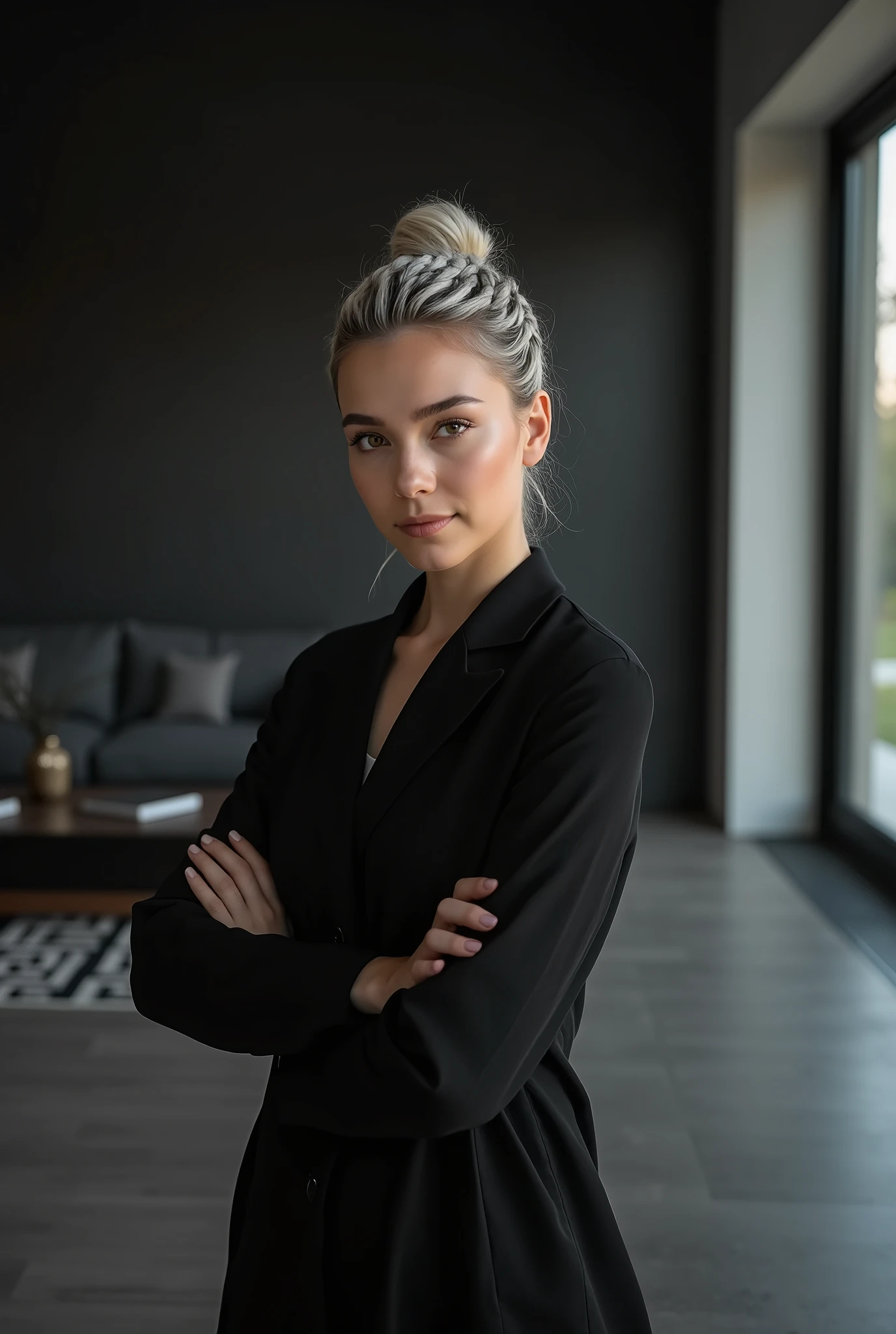 long shot, full height, (Beautiful girl with white skin, 30 years, light gray hair, Many braids in a bun, with bright shining eyes, soft, flowing facial features, girl model, dark clothes, professional photo, 4K, a high resolution, high detail, aesthetically pleasing, Beautiful, realistic, standing straight, looks straight, against the backdrop of a black living room, (highly detailed skin:1.2), 8k contract, SLR camera, very detailed face, artistic composition, photo)