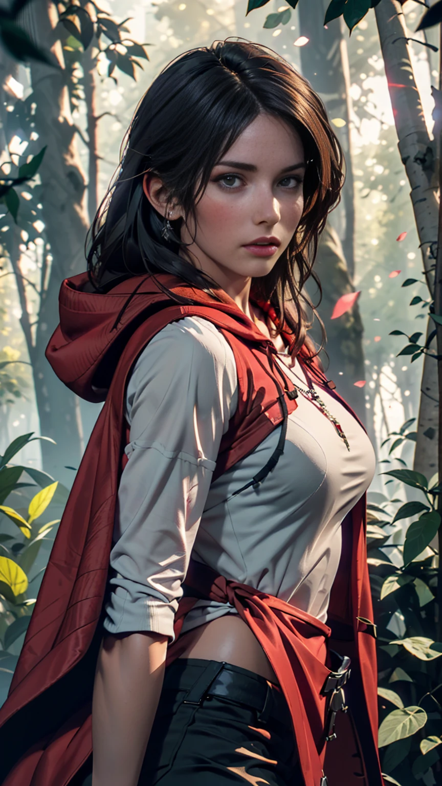 Close-up portrait of New Lara Croft in the forest, (Backlight), Realistic, masterpiece, Highest quality, ((Red hooded cloak)), ((Scared )), Lens flare, Shadow, bloom, (( Flash of light)), [chromatic aberration], by Jeremy Lipking, by Antonio J. Manzanado, by (Alphonse Mucha), Digital Painting