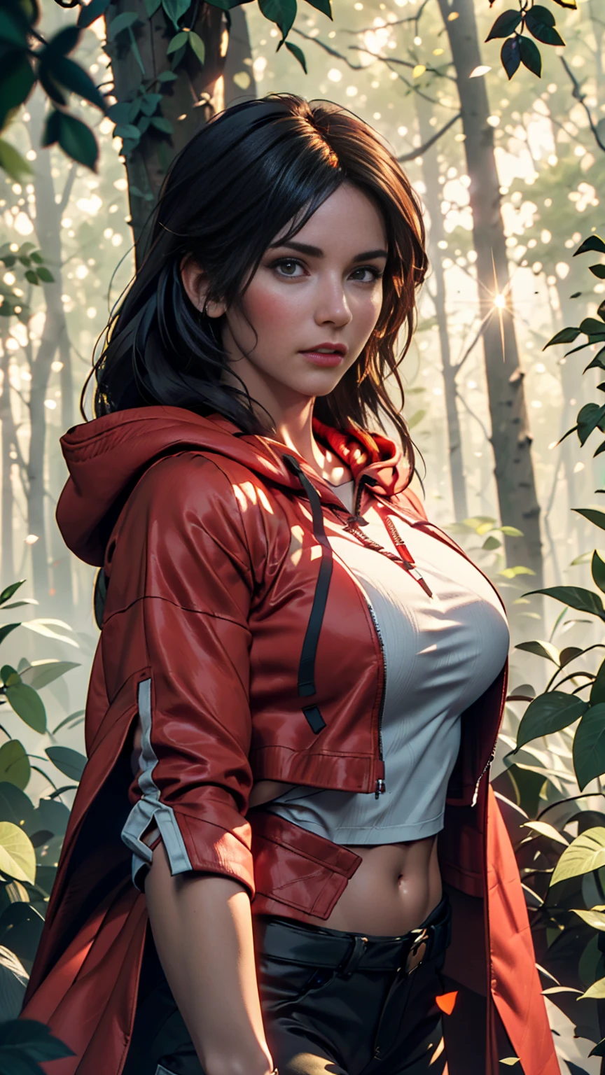 Close-up portrait of New Lara Croft in the forest, (Backlight), Realistic, masterpiece, Highest quality, ((Red hooded cloak)), ((Scared )), Lens flare, Shadow, bloom, (( Flash of light)), [chromatic aberration], by Jeremy Lipking, by Antonio J. Manzanado, by (Alphonse Mucha), Digital Painting