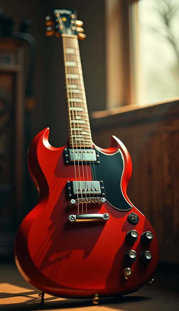 Create a smartphone wallpaper of a Gibson SG., (masterpiece:1.3) (最high quality:1.2) (high quality:1.1)、Cinematic Light,(Film Gain:1.4)|(VHS Video:1.2)(old analog film photography:1.4) Vintage Film (1.8), Analog camera (1.5), Film Grain (1.4), Light leakage (1.2), Soft Focus (1.3), Warm tones (0.2), Retro aesthetic (1.7), Lomography (1.3), Nostalgic atmosphere (1.8), Polaroid style (1.5), Faded colors (1.9), Dreamy look (1.3), Overexposure (1.1), Vignette Effect (1.8), Blurred Edges (1.4),
