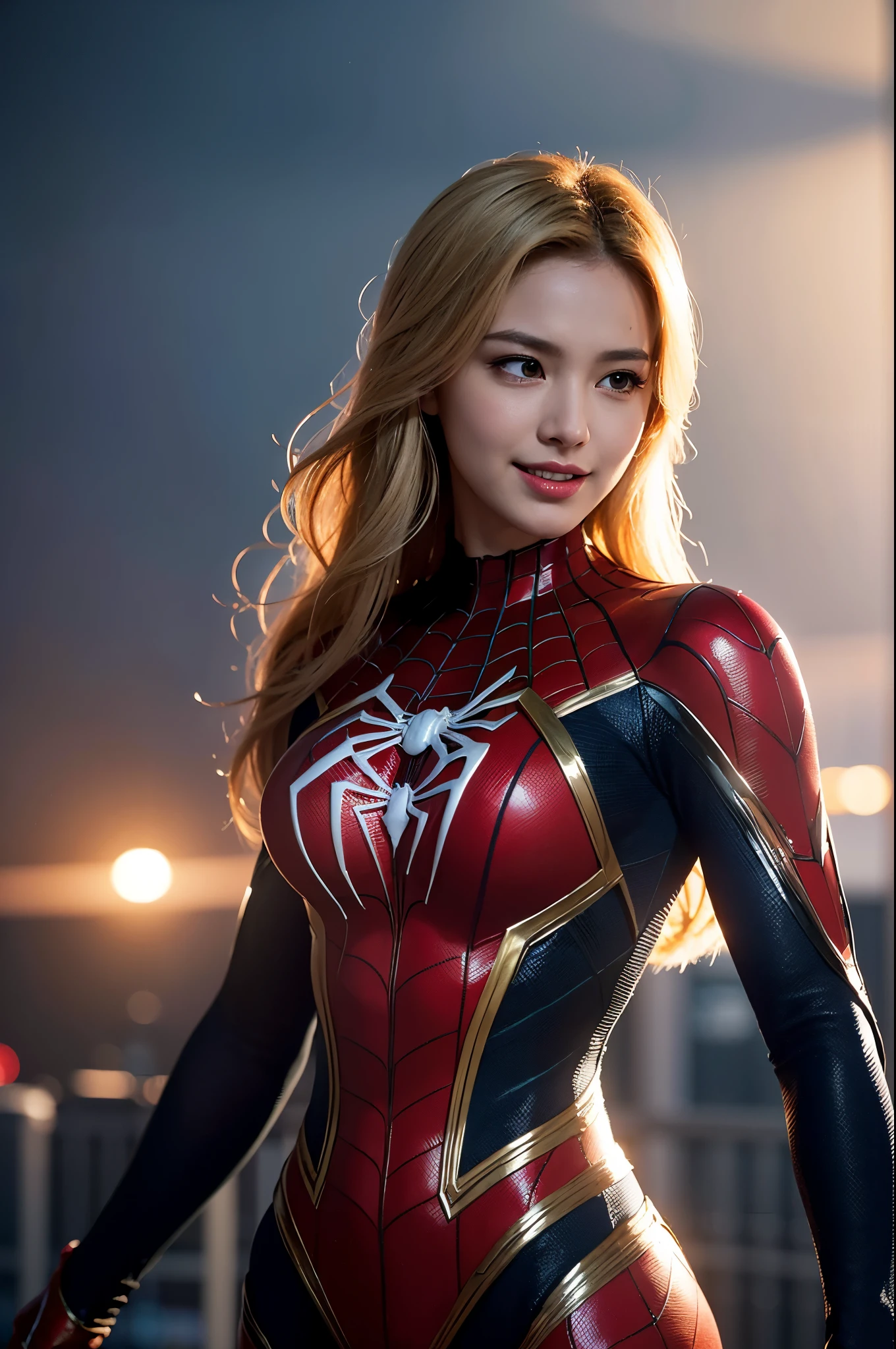 8k,dynamic spiderman pose,Super Beautiful American Woman,(extreme detail CG Unity,masterpiece、Highest quality)、(Exquisite lighting and shadows、Very dramatic image、cinematic lens effects)、Lady Spidermanのパラレルユニバース、Wenger、Marvel、Lady Spiderman、Rooftop、From dynamic poses、white spiderman costume、Woman wearing blonde hair、(Excellent detail、Excellent lighting、Wide angle)、(Excellent rendering、that stand out in the class)、 White Spider-Man costume、focus on complex spider textures,Ultra-high resolution、Film Grain、Best Shadow、delicate、to be born、Particles of light、Fine skin、Intricate details、 Fantasy,Perfect lighting、Looking at the audience、Cinema Lighting、wonderful,Muscular Beauty,Rich colors, Backlight, Cinema Lighting, Film Grain, 50mm lens, Nikon D850,Ultra-high resolution,Ultra-realistic,Compensate,Super sexy,Beautiful American Woman with Big Breasts,Big smile,