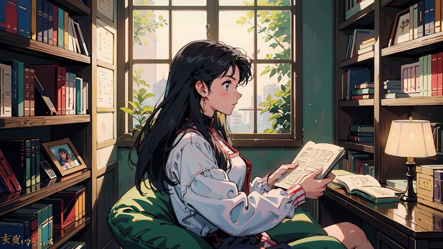 Best image quality,90s style anime, 1 person,24-year-old woman, Misato Katsuragi Style,Bookshelfの前で立って本を見る,Don't look at the camera,profile,library,Glass,Sunlight,nature,river,morning,Bookshelf,Upper Body,Expressionless,