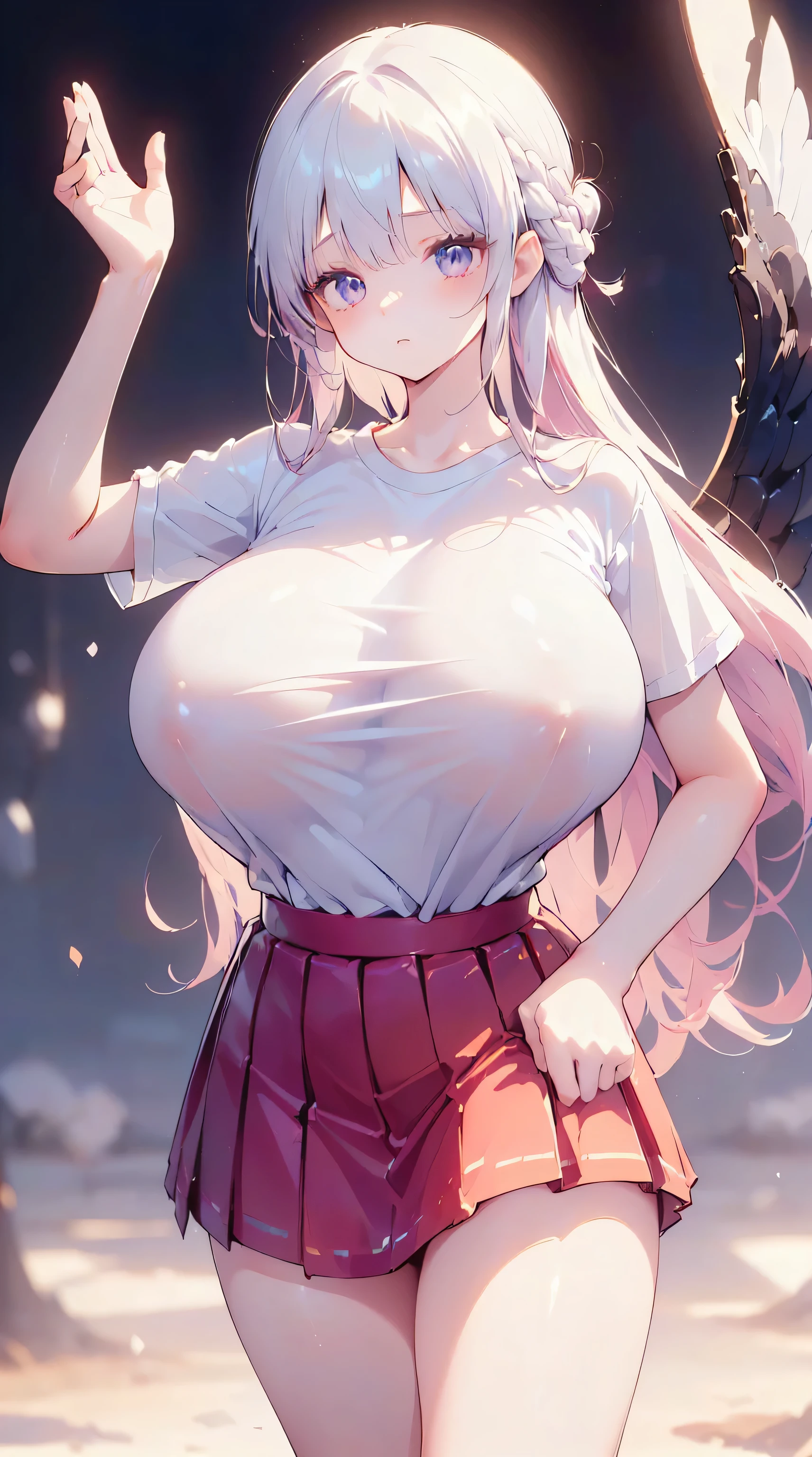 Ultra-high resolution, 8k,high quality,(((Ultra-short stature,Gargari body,Slender,T-Shirts,Super Mini Flared Skirt、Cute hairstyle))),(Landscape angle,Cunning Hand),(iridescent light,soft shadow,Anime Painting,thin line drawing),One Woman,(((gigantic breasts,mega breasts,enormous breasts,ultra gigantic tits:1.3))),