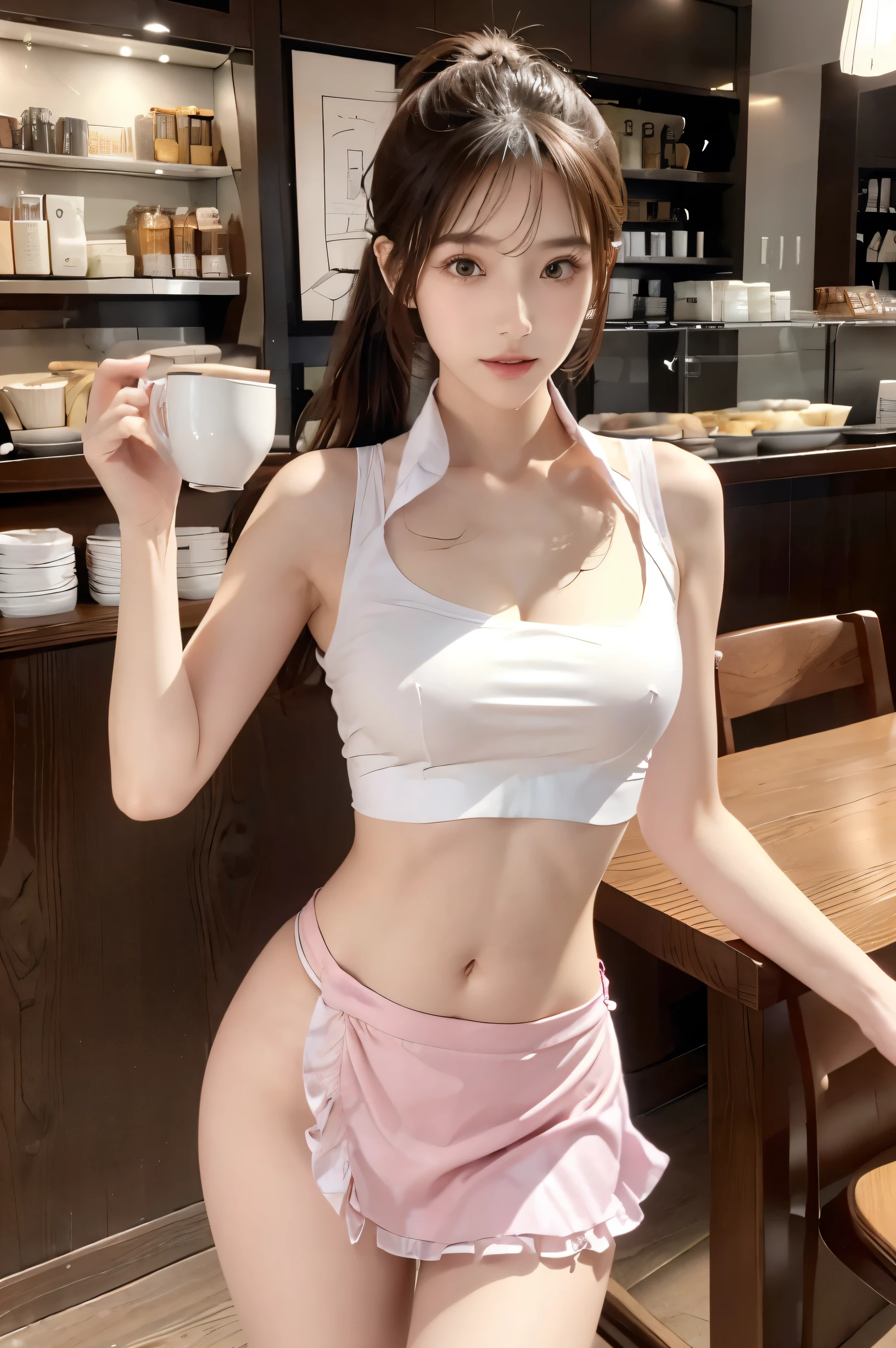 (Ultra HD), (looking at the camera), (Pink waitress:1.2, Apron with white frills), Big Breasts, Beautiful breasts, slender, Narrow waist, whole body, Standing posture, (Beautiful Skin, Shiny skin, White skin), (Super slim face, Super beautiful face, No makeup), (ponytail, Layered Cut, Fluffy hair), (double eyelid, Slanted Eyes), Small Nose, Thin lips, (Thin legs:1.4), (Thin thighs:1.4), (Thin Hips:1.6), Coffee shop