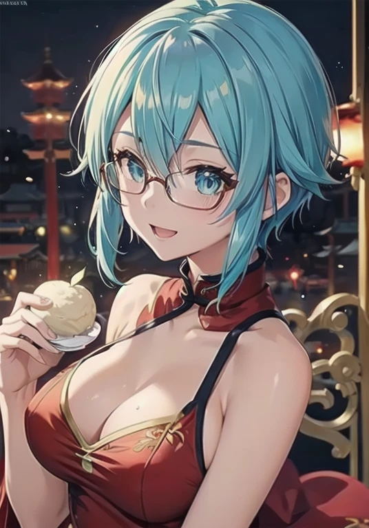 masterpiece, beautiful detail, beautiful light and shadow,Beautiful Anime Woman, Beautiful art style, Anime characters,1girl, ((((solo)))),sinon1,aqua hair, short hair,dynamic pose,smile, slender,(close-up),naked,((china dress,red china dress, sideless)), glasses, outdoors, Chinatown, open mouth, thighhigh, holding,holding white Meat bun