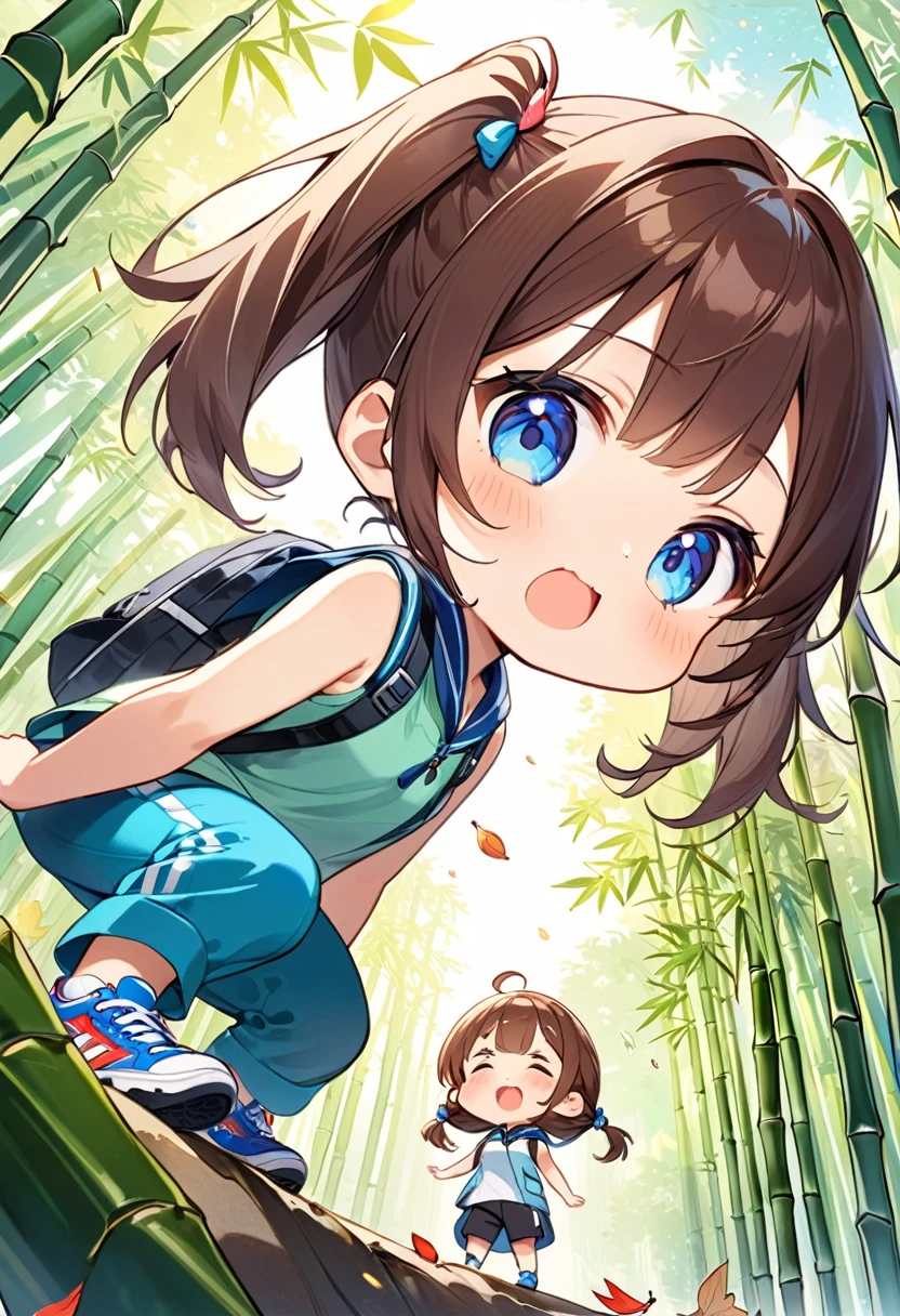 Highest quality、High resolution、Detailed Background、Beautiful face in every detail、Anatomically correct、Detailed facial expressions、fine grain、((full body, from below, side view, looking viewer:1.5)), ((One Girl)、(Chibi Girl:1.5)、Cute hair color、Large, beautiful blue eyes、Braided twin tails、（To trip over a stone and fall:1.5）、, (Spring-colored sleeveless spring clothes、cute pants、Cute sneakers)、break　bamboo forest、((Falling face down、Stretch out your arms))、Surprised expression、Holding back large tears in the eyes、An expression that looks like it's about to cry、(背景はbamboo forest、Fallen leaves covering the ground、Bamboo shoots、Mild climate、Warm sunshine）