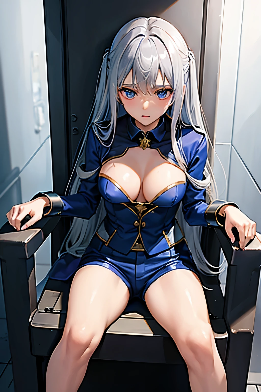 (((Highest quality、first class、masterpiece、Normal body、8k、Detailed face、Ultra-precision、normal hand、Normal refer to、5refer to、Highest)))、Eternal Frail、Silver Hair、Long Hair、kid、clear、pure、A blue suit that reveals a cleavage、Navy blue shorts、"SD Gundam G Generation"、Shot down、Defeated、Captured、Taken prisoner、Handcuffed、Detained、Chained by a collar、lock restraint、Jail、prison、Frightened、fear、blush、Interrogation、torture、Restraint Chair、Hands and feet tied to a chair