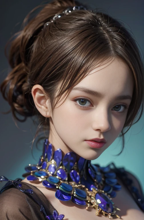 8-year-old, Close-up portrait of a woman in a colorful clown costume、Shoulder out、thin、Serious expression、Short-haired、Deadly position, Gorgeous Necklace, Scales and skin, Enchanting anime girl, Beautiful and seductive anime woman, Realistic and perfect body, Anime Cosplay, Perfect body with realistic shadows, Reptile Eyes:1.5