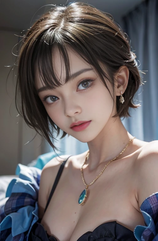 8-year-old, Close-up portrait of a woman in a colorful clown costume、Shoulder out、thin、Serious expression、Short-haired、Deadly position, Gorgeous Necklace, Scales and skin, Enchanting anime girl, Beautiful and seductive anime woman, Realistic and perfect body, Anime Cosplay, Perfect body with realistic shadows, Reptile Eyes:1.5