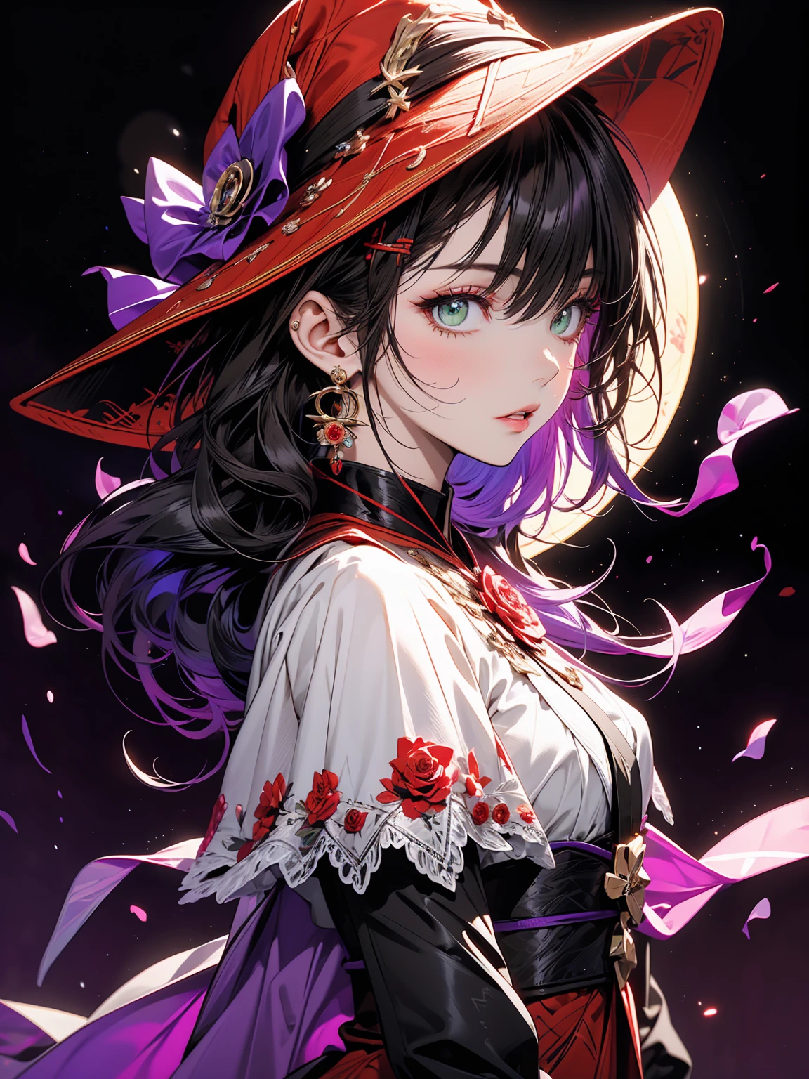 a beautiful girl, perfect face, arms at sides, masterpiece, ultra high res, high quality, 4k, upper body:1.5,  lisa (genshin impact), urple witch hat, green eyes, brown hair, (PureErosFace_V1:0.008), (european:1.6), bangs, dress, rose, jewelry, witch, capelet, purple headwear, black gloves, purple flower, hair between eyes, purple rose, parted lips, purple capelet, hat flower, multicolored dress, hair ornament,  windmill, from side,