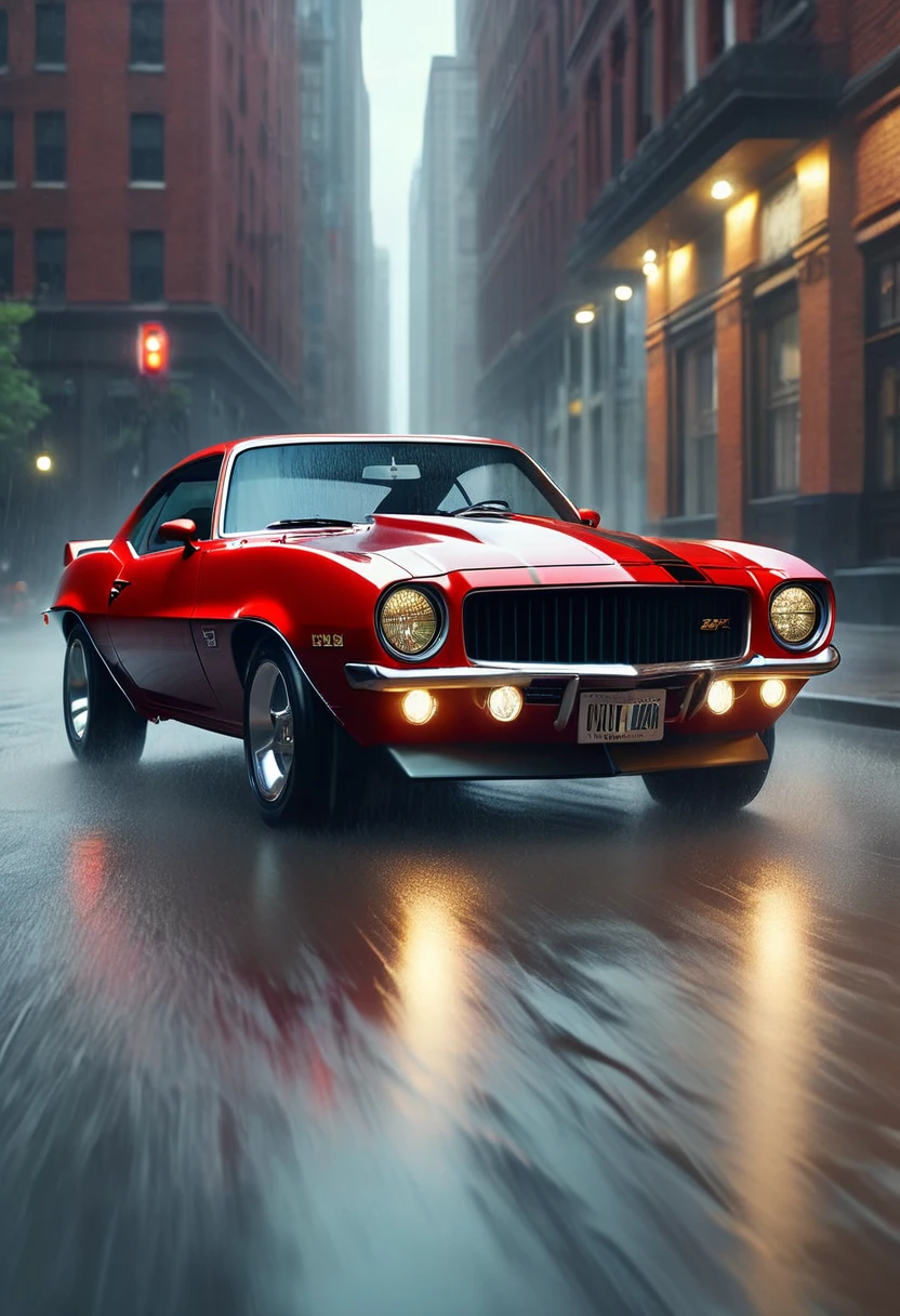 1970 GM Chevrolet Camaro, driving on rainy roads, fantastic roads, professional lighting, cinematic, moody lighting, dramatic shadows, reflections on car, gloomy atmosphere, vibrant colors, hyperrealistic, photorealistic, 8k, high resolution, detailed, masterpiece