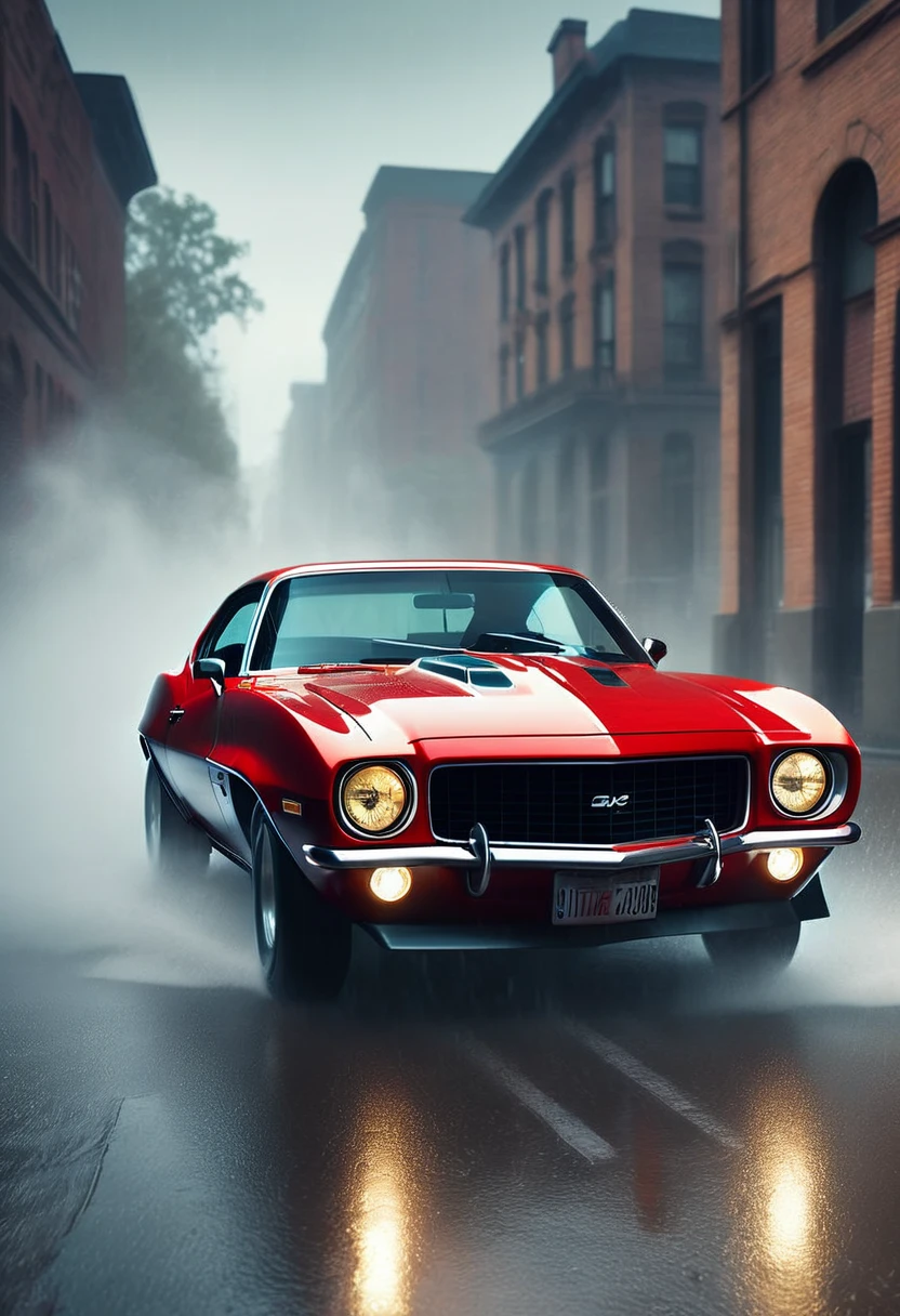 1970 GM Chevrolet Camaro, driving on rainy roads, fantastic roads, professional lighting, cinematic, moody lighting, dramatic shadows, reflections on car, gloomy atmosphere, vibrant colors, hyperrealistic, photorealistic, 8k, high resolution, detailed, masterpiece